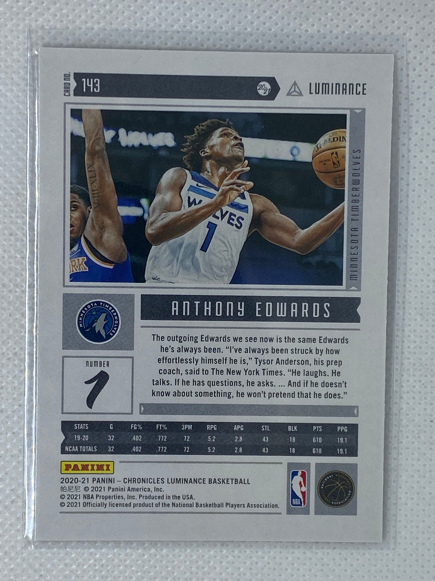 2020-21 Panini Chronicles Luminance Anthony Edwards Rookie Timberwolves #143