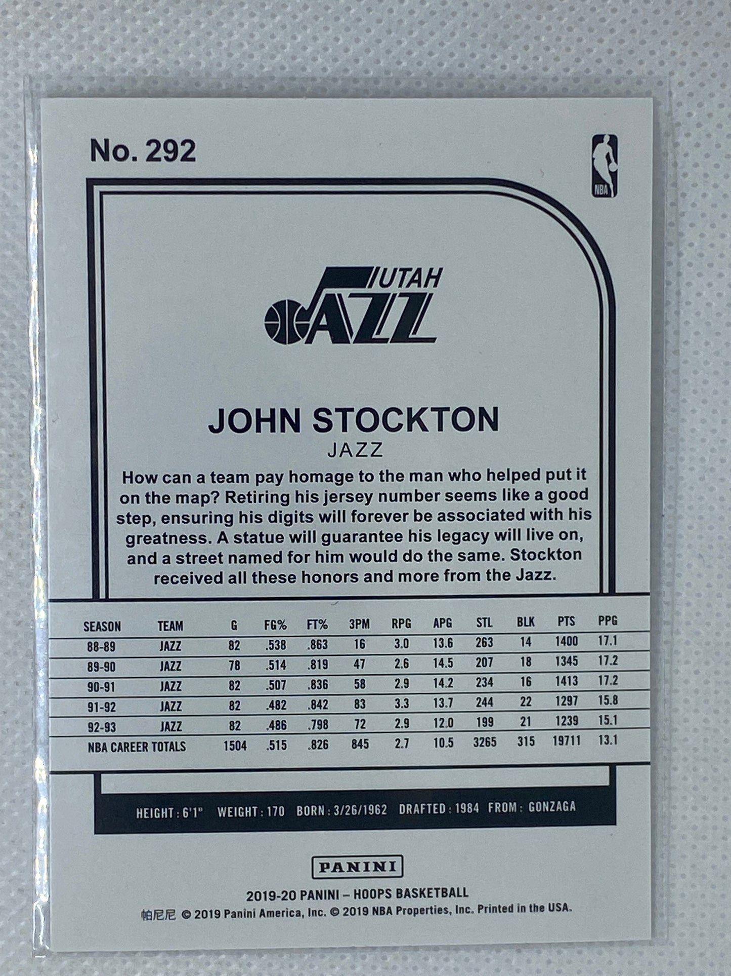 2019-20 Panini NBA Hoops Tribute Winter John Stockton #292 HOF