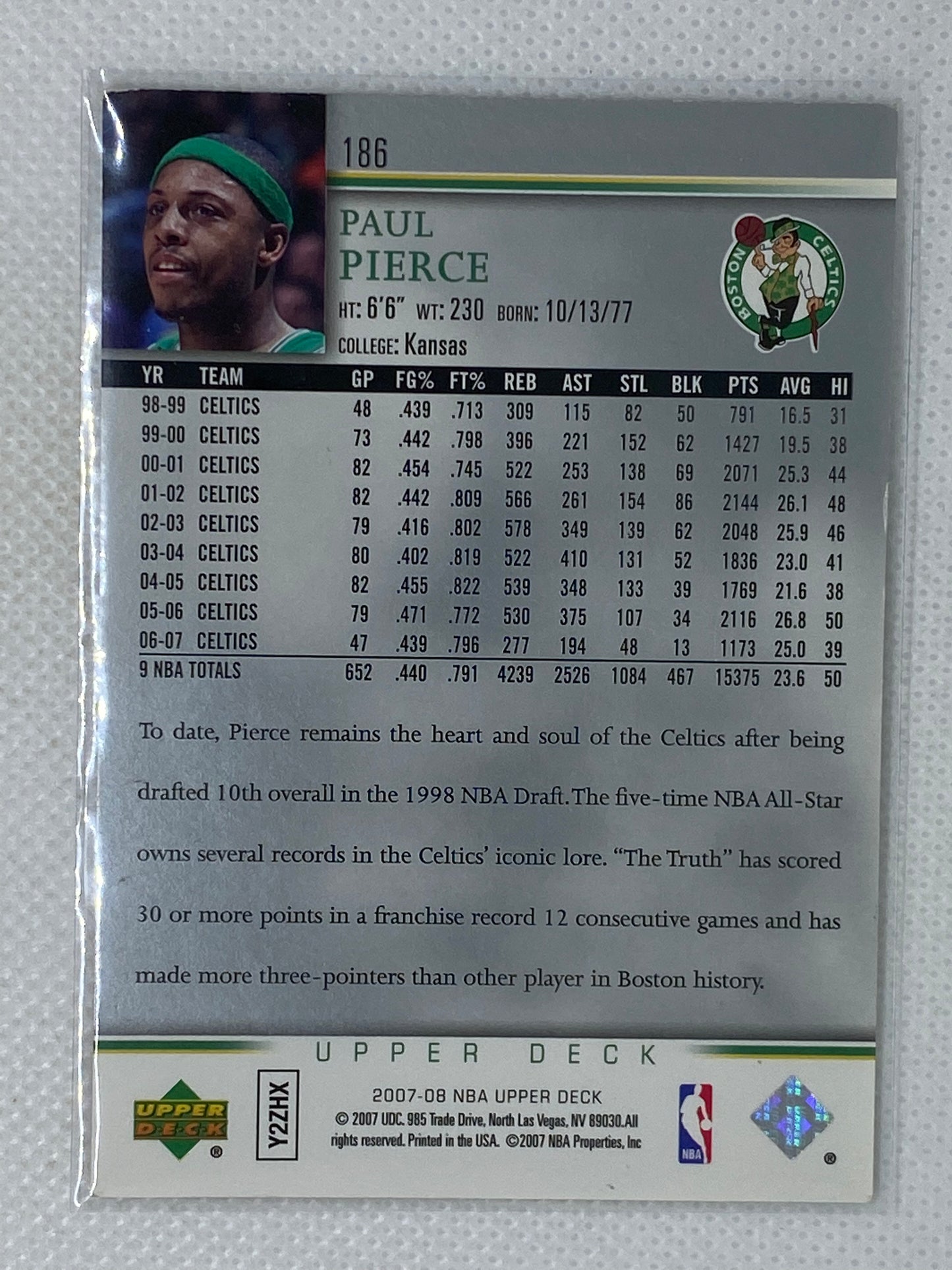 2007-08 Upper Deck Boston Celtics Basketball Card #186 Paul Pierce