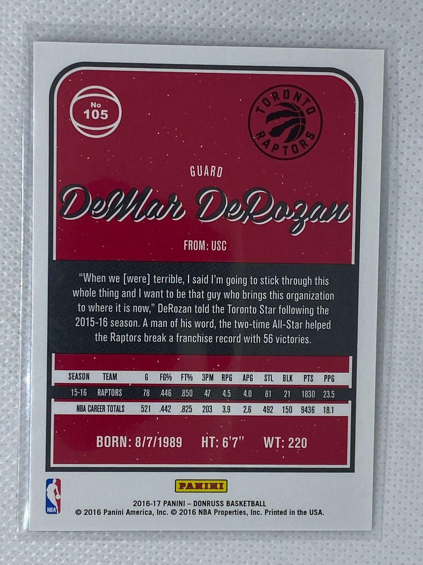 2016-17 Donruss Basketball #105 DeMar DeRozan Toronto Raptors
