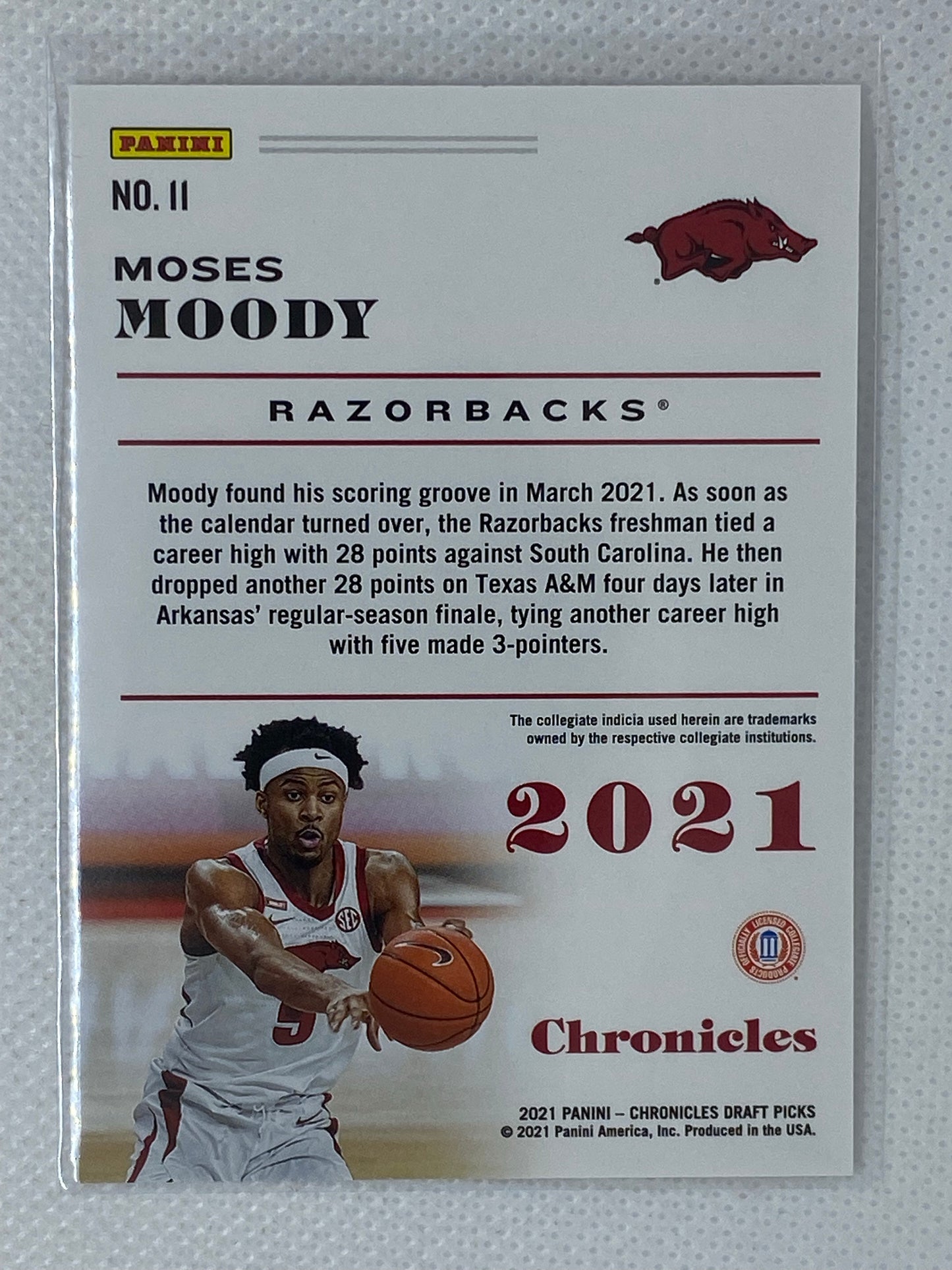 2021 Panini Chronicles Draft Picks Base Rookie Card #11 Moses Moody RC Arkansas