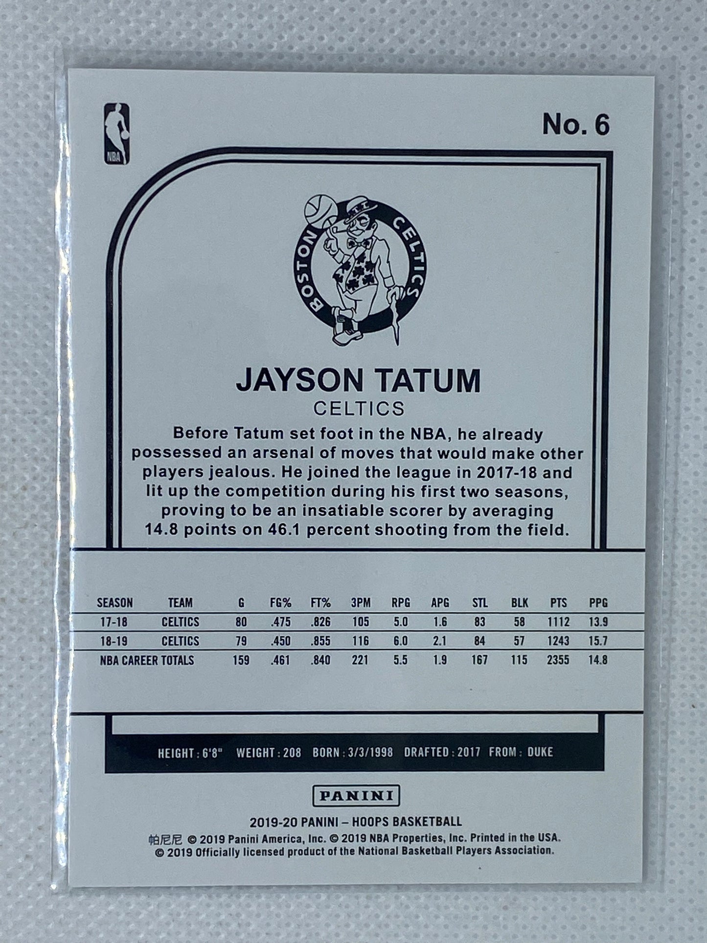 2019-20 Panini NBA Hoops Base #6 Jayson Tatum - Boston Celtics