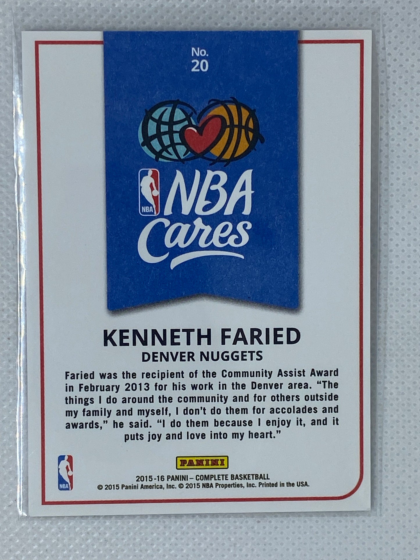 2015-16 Panini Complete NBA Cares Kenneth Faried #20