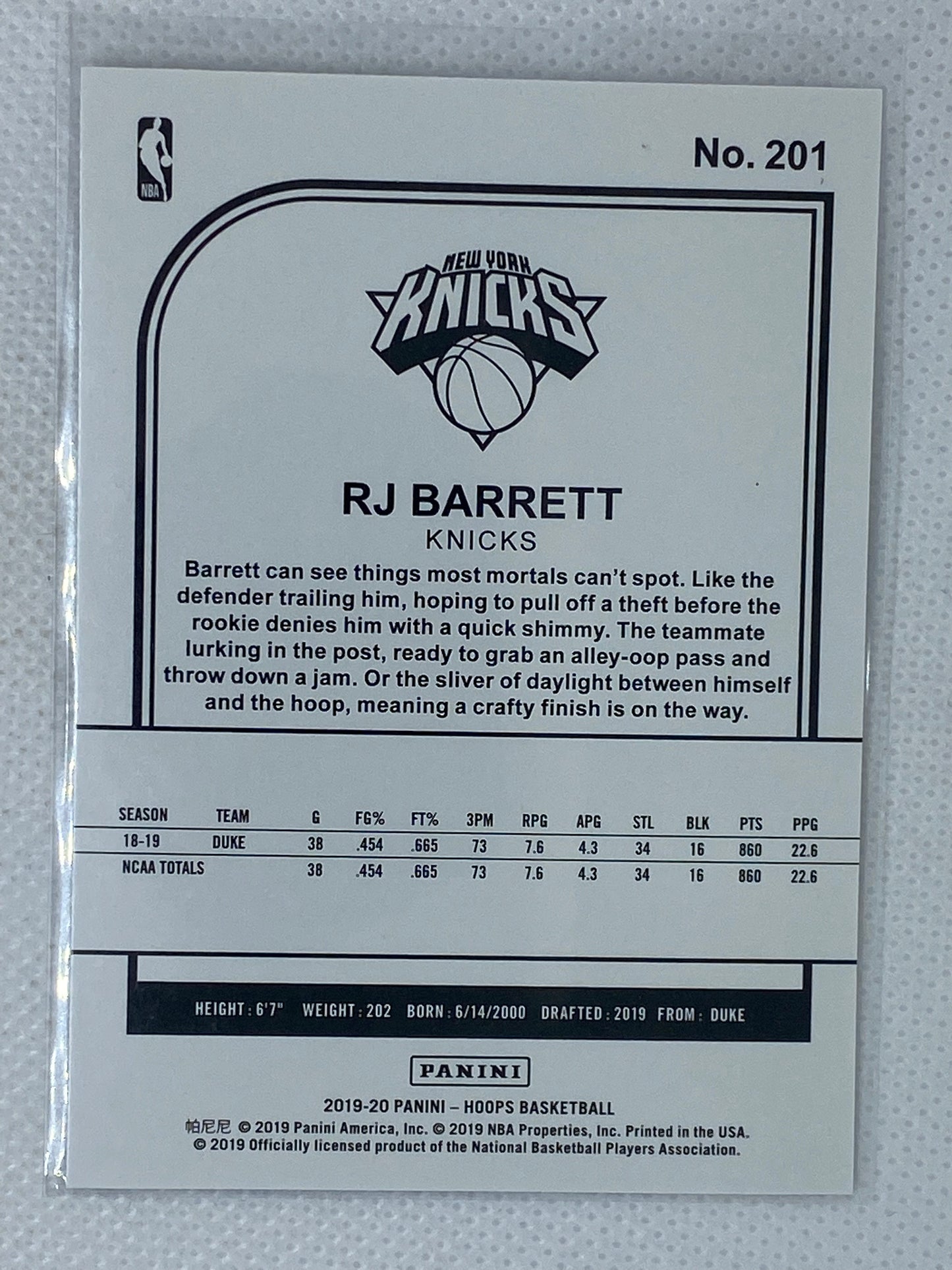2019-20 Panini NBA Hoops RJ Barrett Rookie RC #201 New York Knicks
