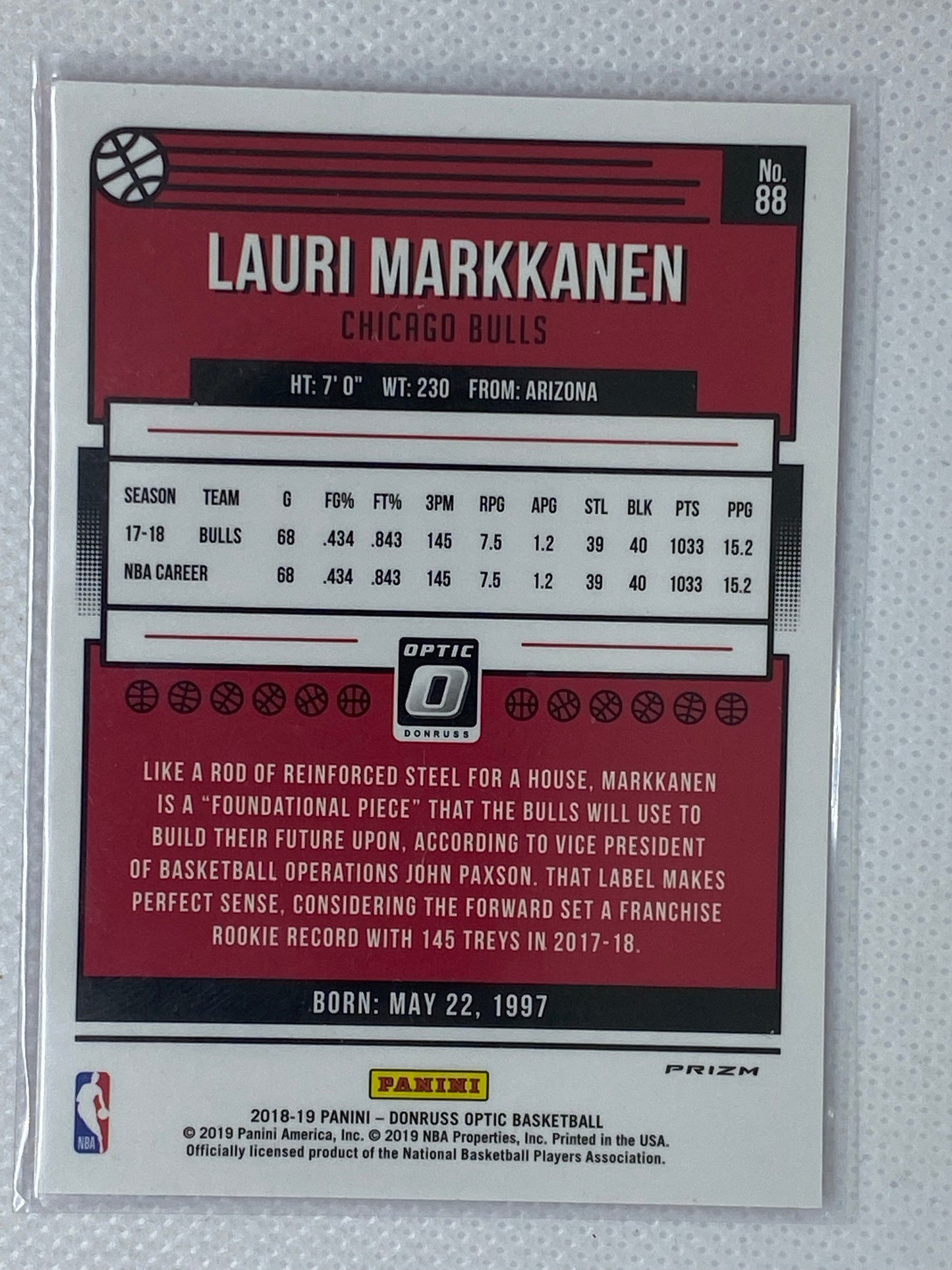 2018-19 Donruss Optic Hyper Pink Prizm Lauri Markkanen #88 Chicago Bulls