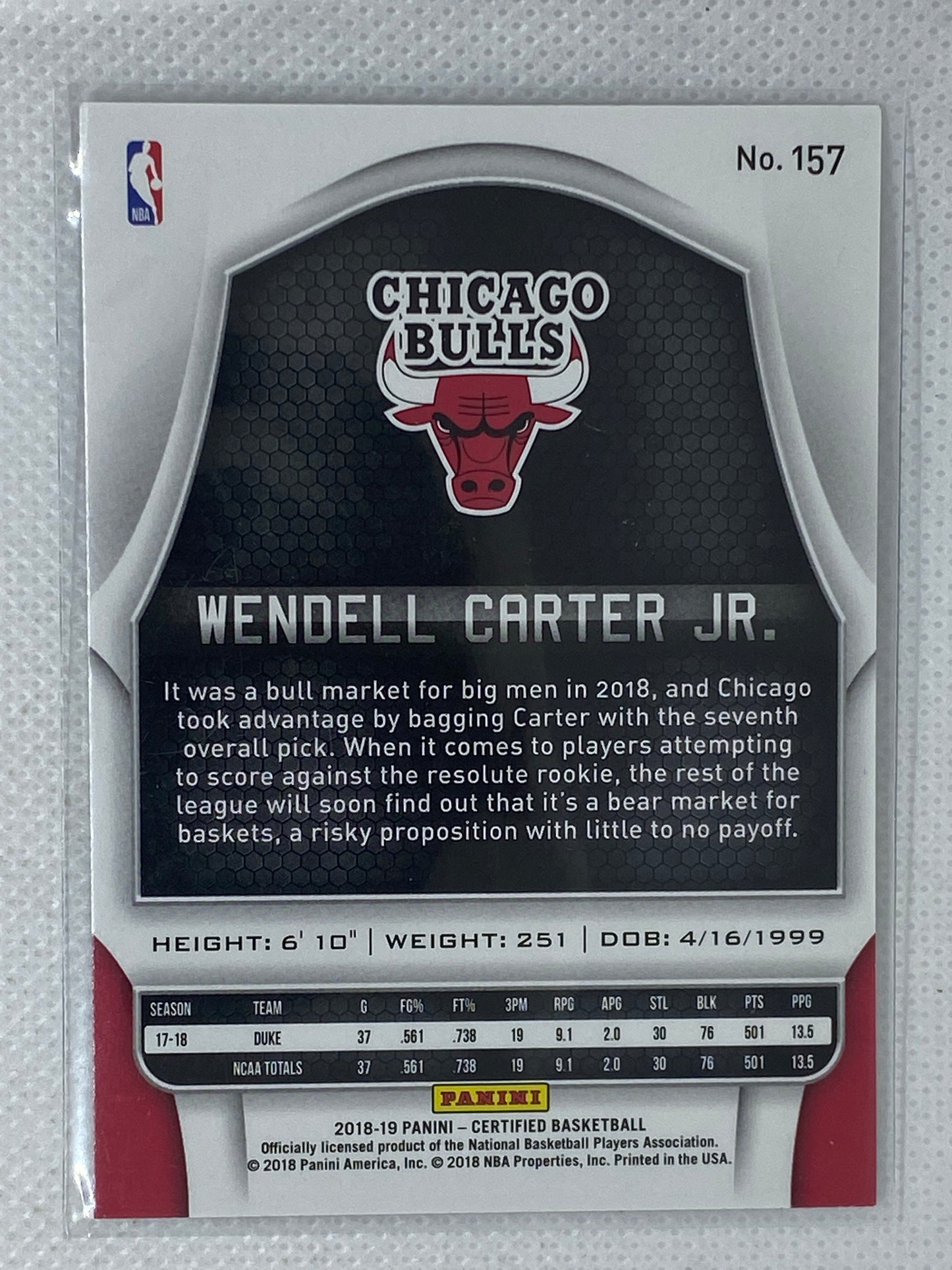 2018-19 Panini Certified Wendell Carter Jr #157 Rookie RC