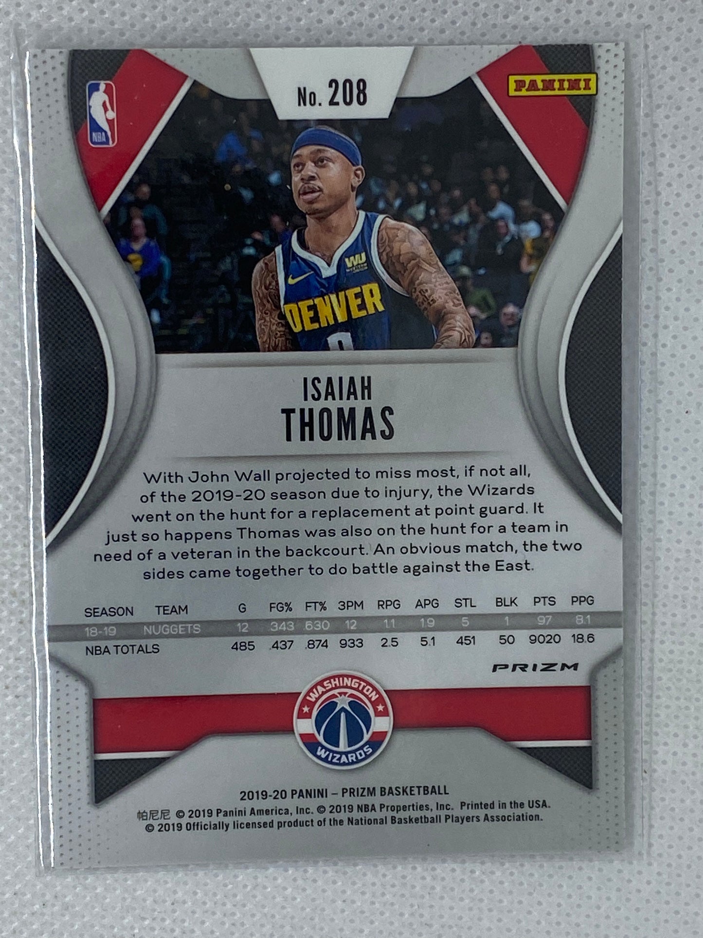 2019-20 Panini Prizm Basketball Isaiah Thomas Silver #208 Wizards / Nuggets