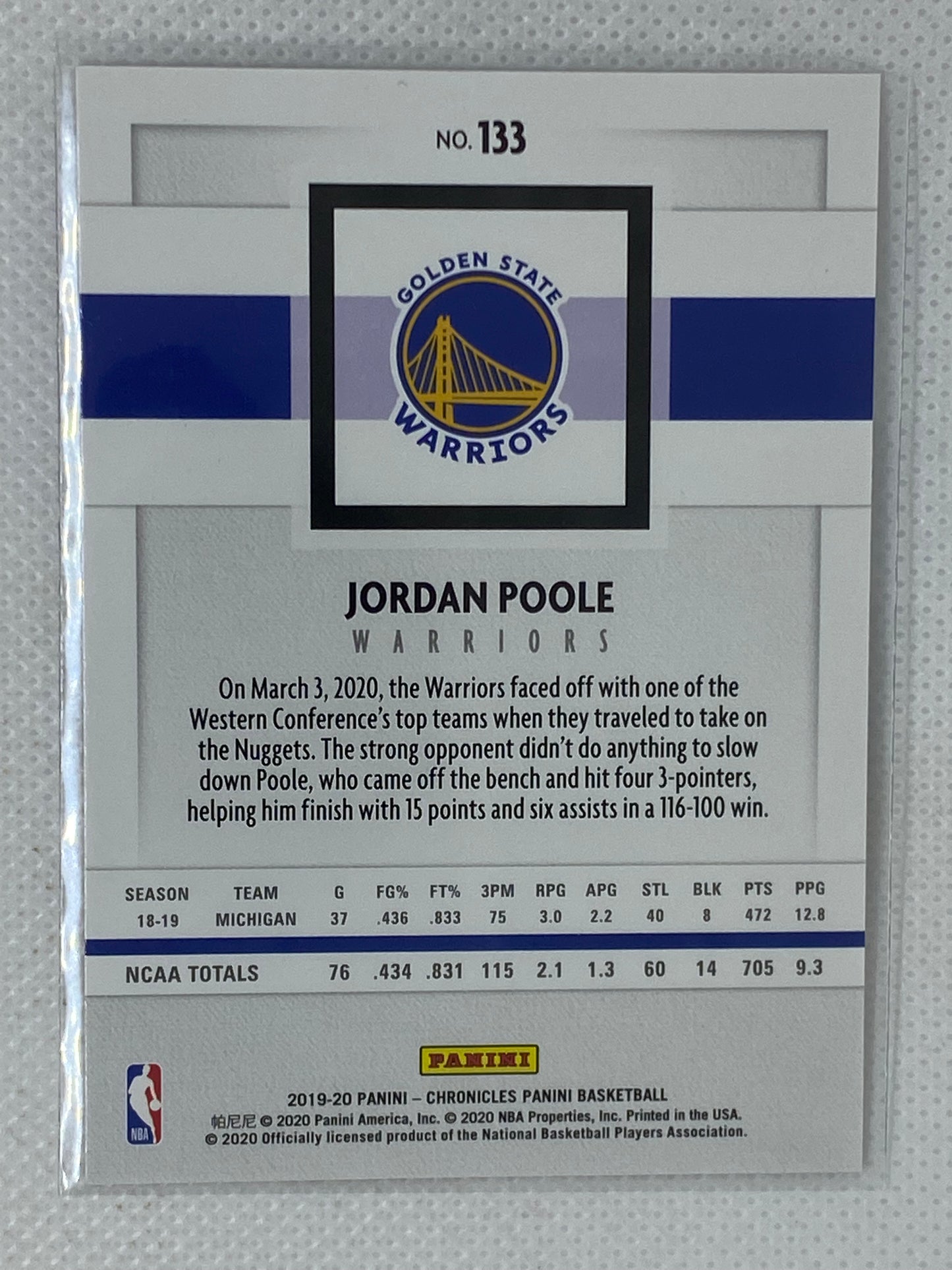 2019-20 Panini Chronicles Jordan Poole #133 Rookie Card RC Warriors