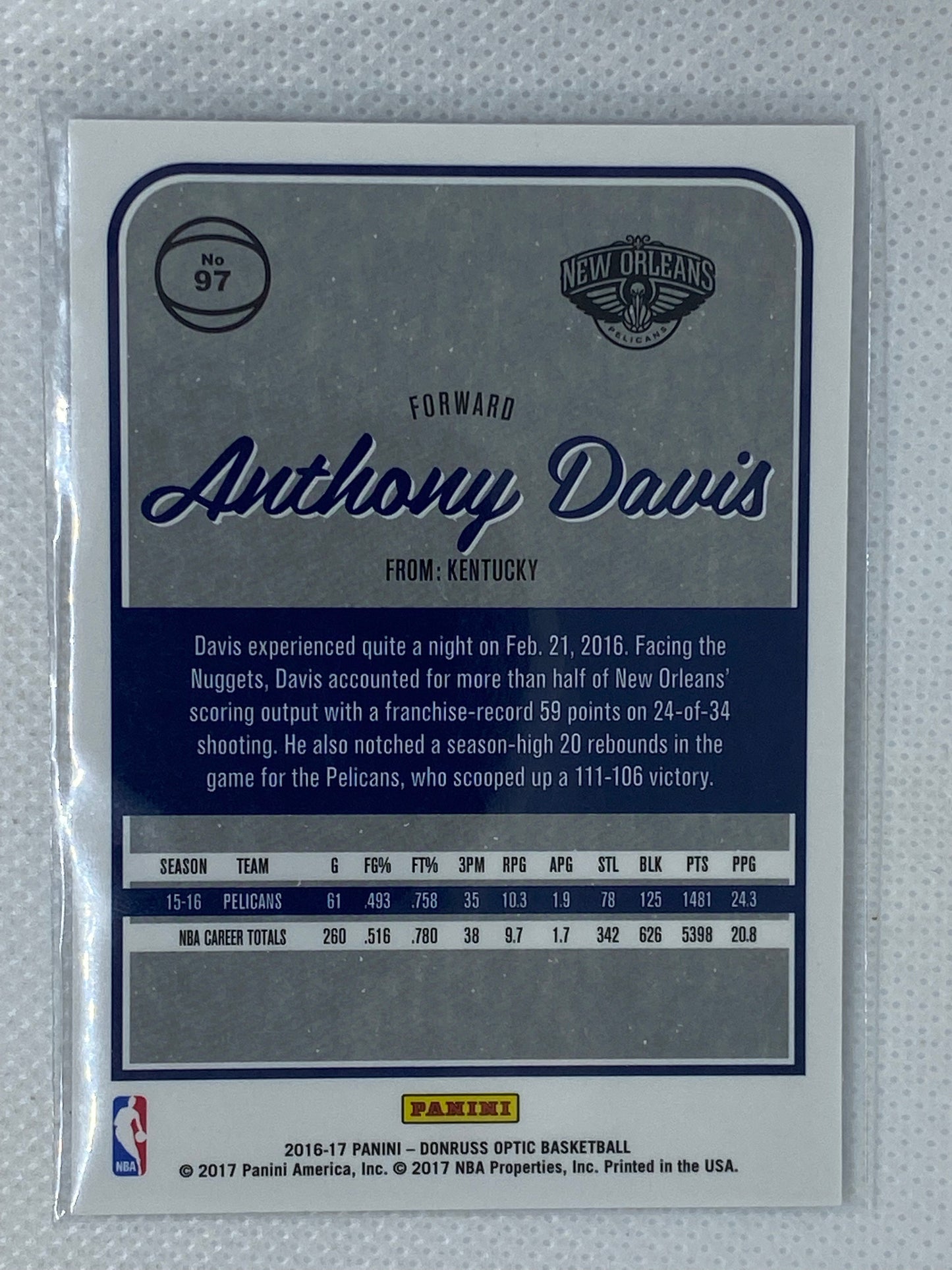 2016-17 Donruss Optic Anthony Davis #97 New Orleans Pelicans