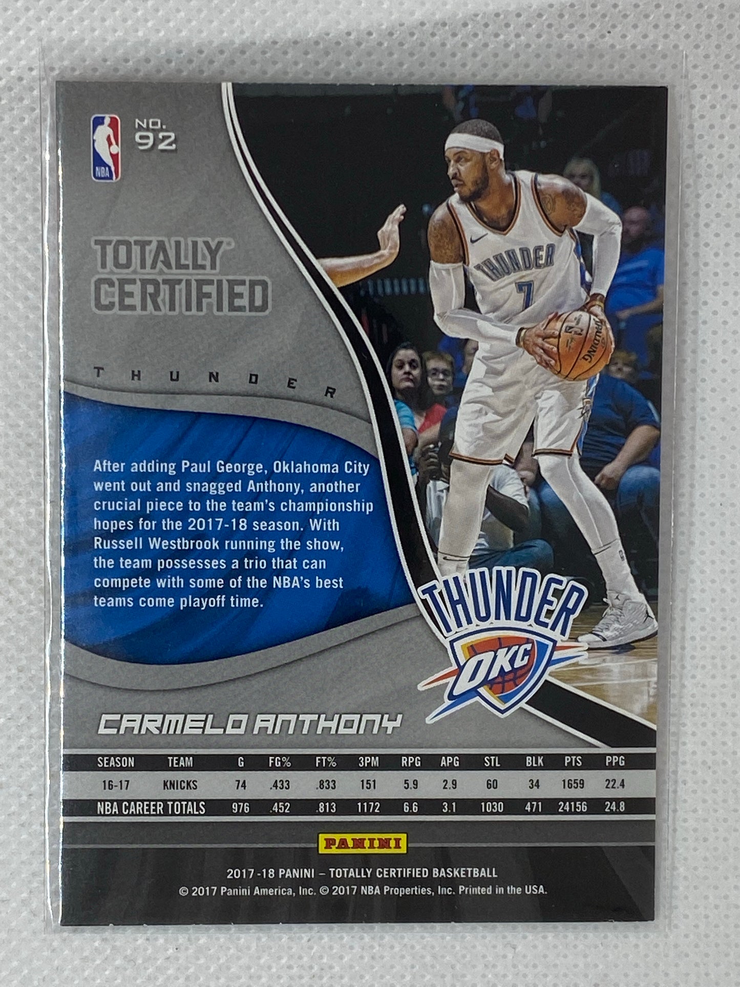 2017-18 Totally Certified Basketball #92 Carmelo Anthony Oklahoma City Thunder