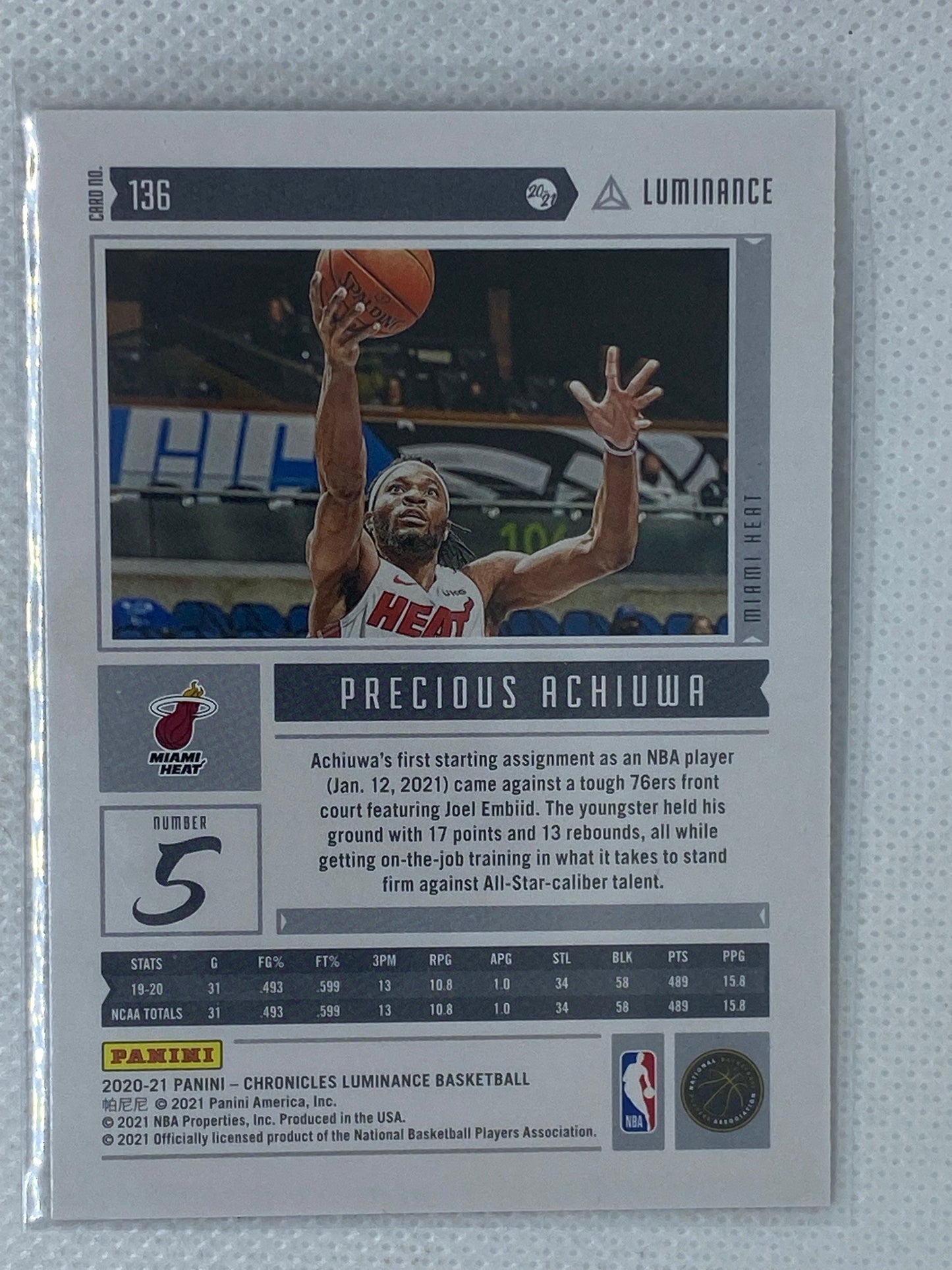2020-21 Panini Chronicles Luminance Rookie Precious Achiuwa #136 Heat RC