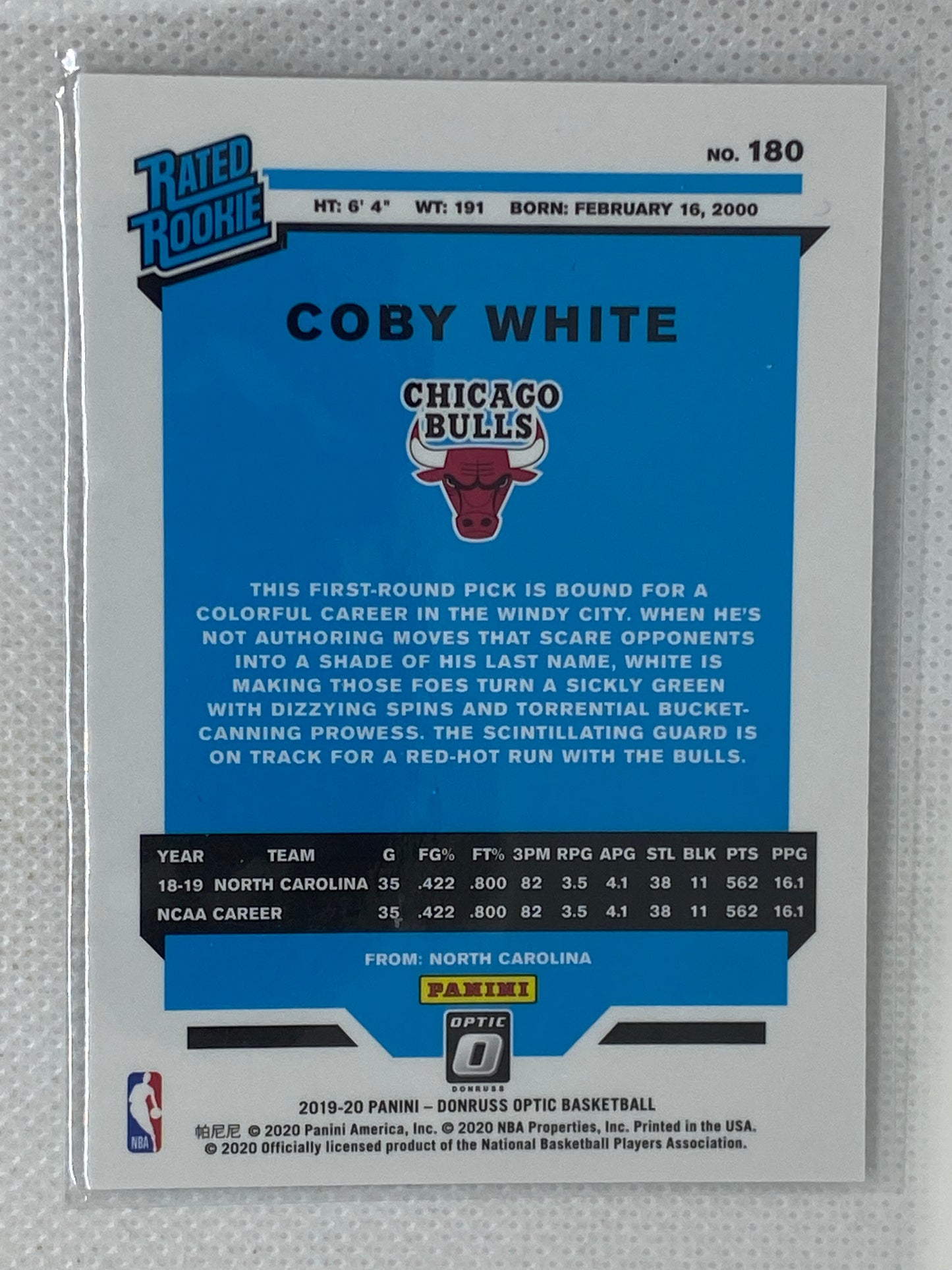 2019-20 Donruss Optic Rated Rookie #180 Coby White Rookie Chicago Bulls