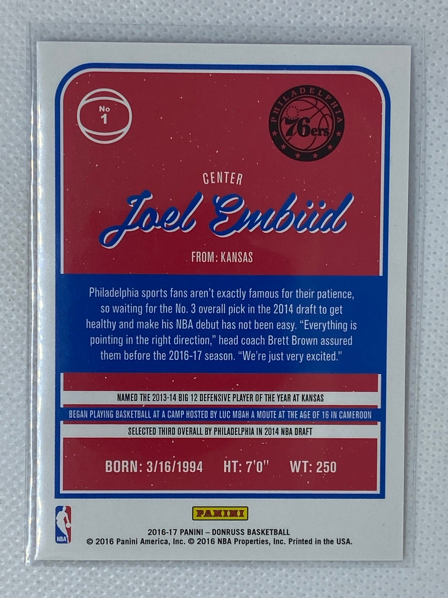 2016-17 Panini Donruss Basketball #1 Joel Embiid Philadelphia 76ers