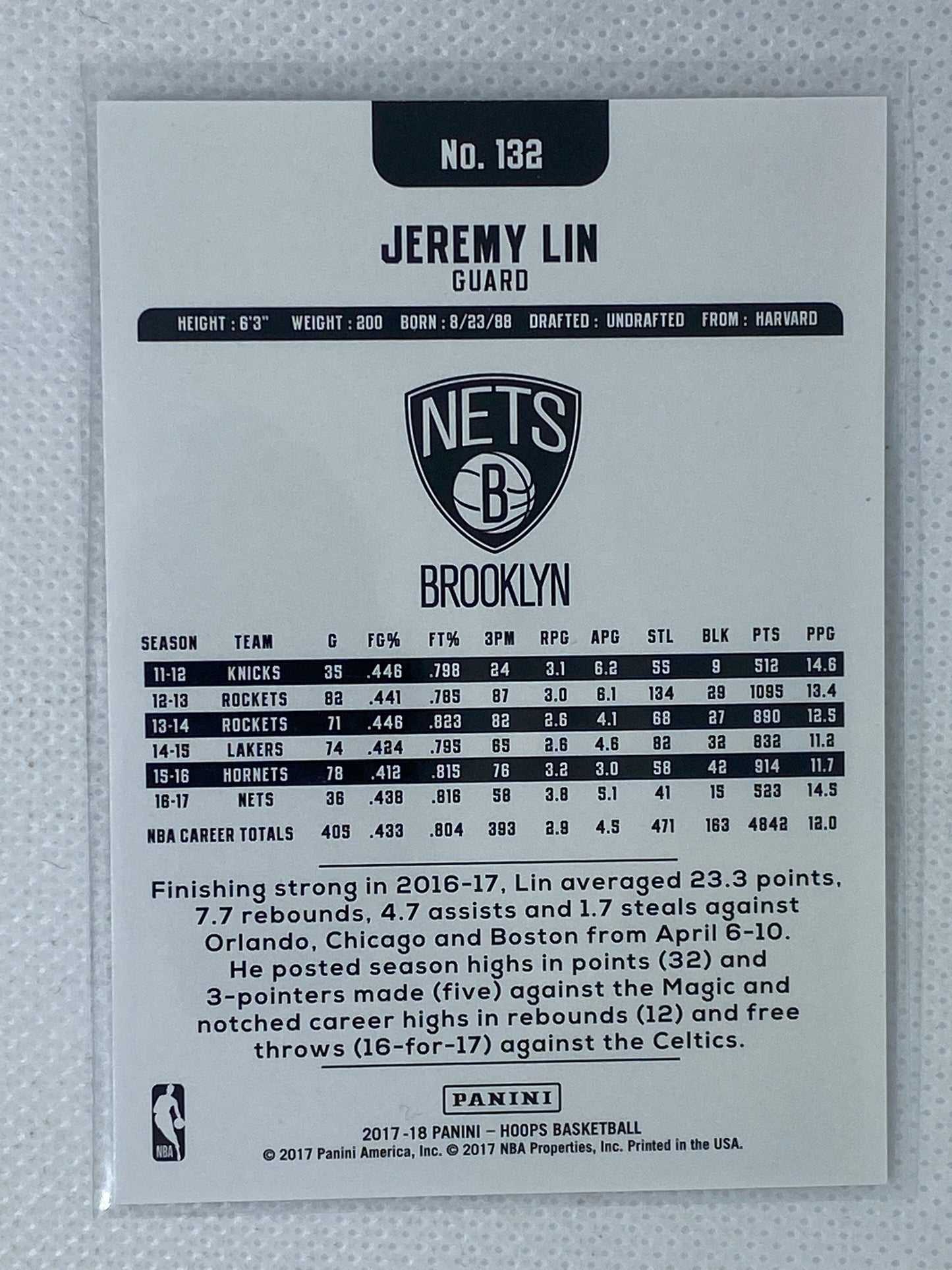 2017-18 Panini Hoops Jeremy Lin #132 Brooklyn Nets