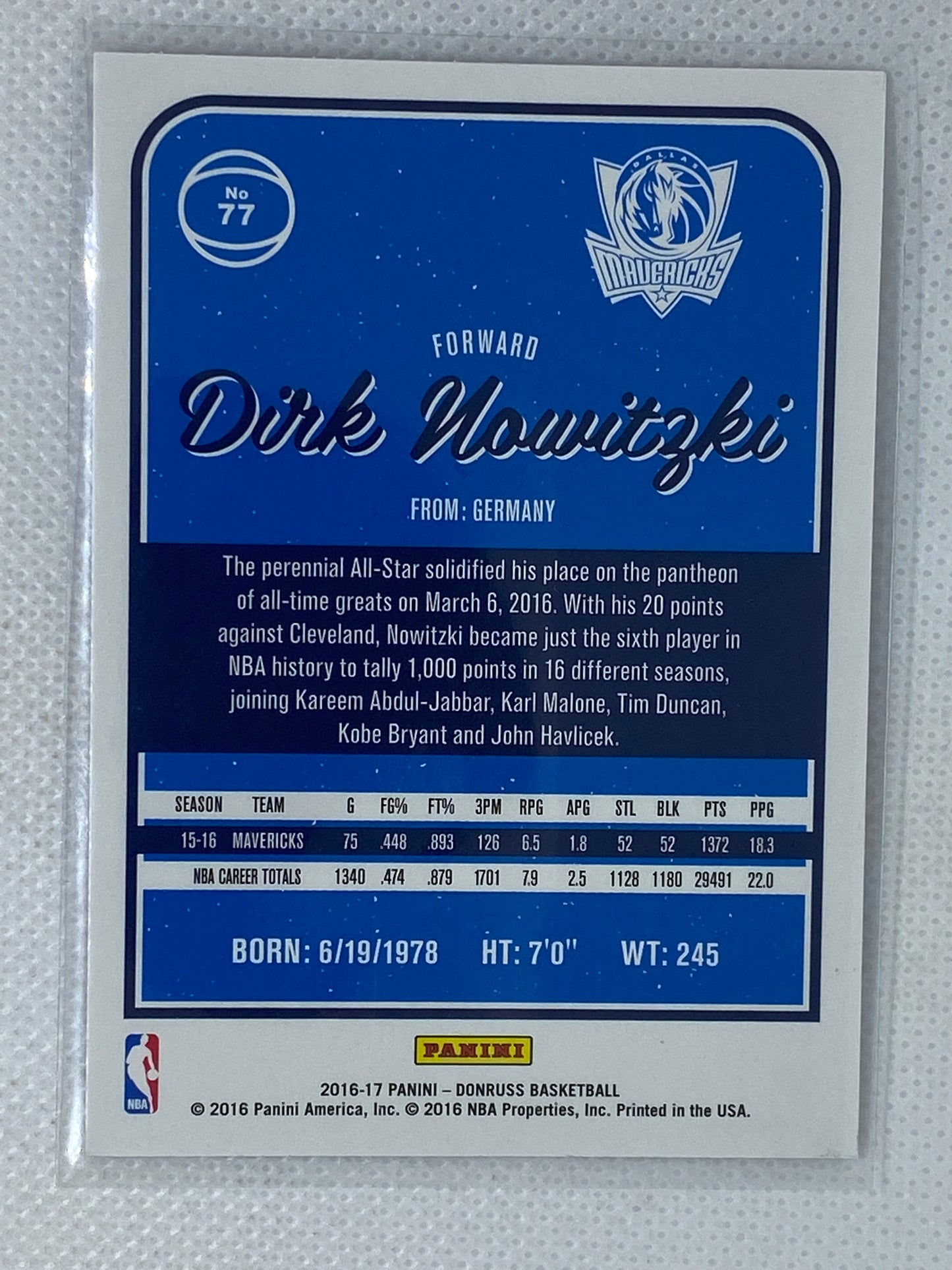 2016-17 Panini Donruss Basketball # 77 Dirk Nowitzki - Dallas Mavericks