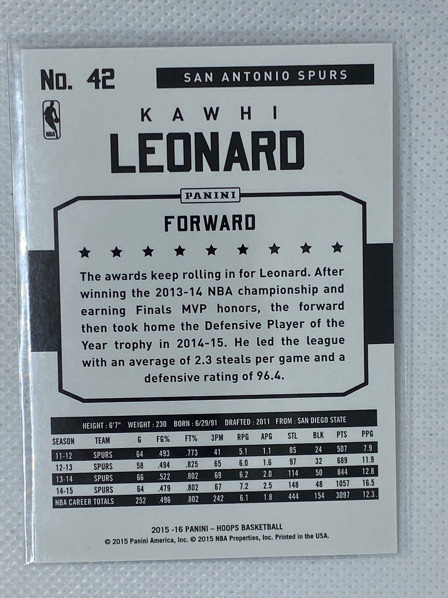 2015-16 Panini Hoops Kawhi Leonard #42 San Antonio Spurs