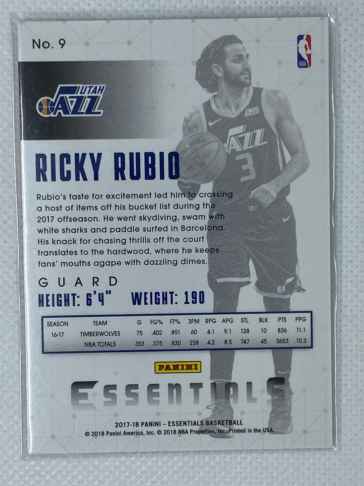 2017-18 Panini Essentials Thick stock #9 Ricky Rubio Utah Jazz SSP
