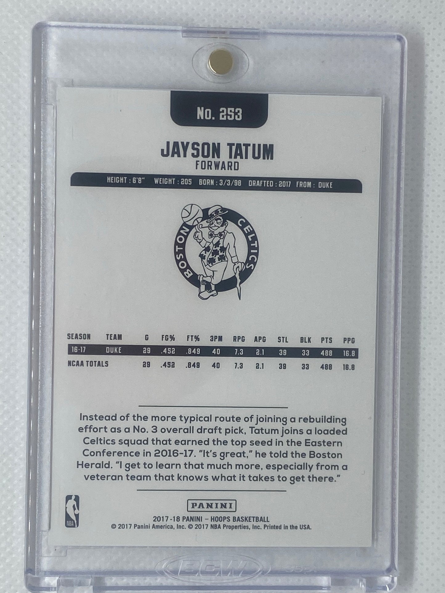2017-18 NBA Hoops Jayson Tatum RC #253 Boston Celtics Rookie Card