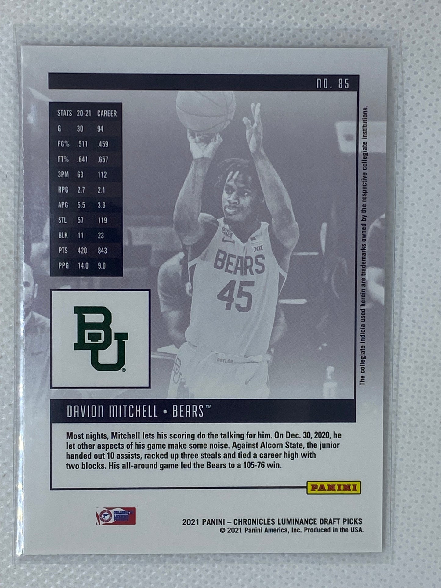 2021 Panini Chronicles Luminance Draft Picks Davion Mitchell #85 RC SAC Rookie