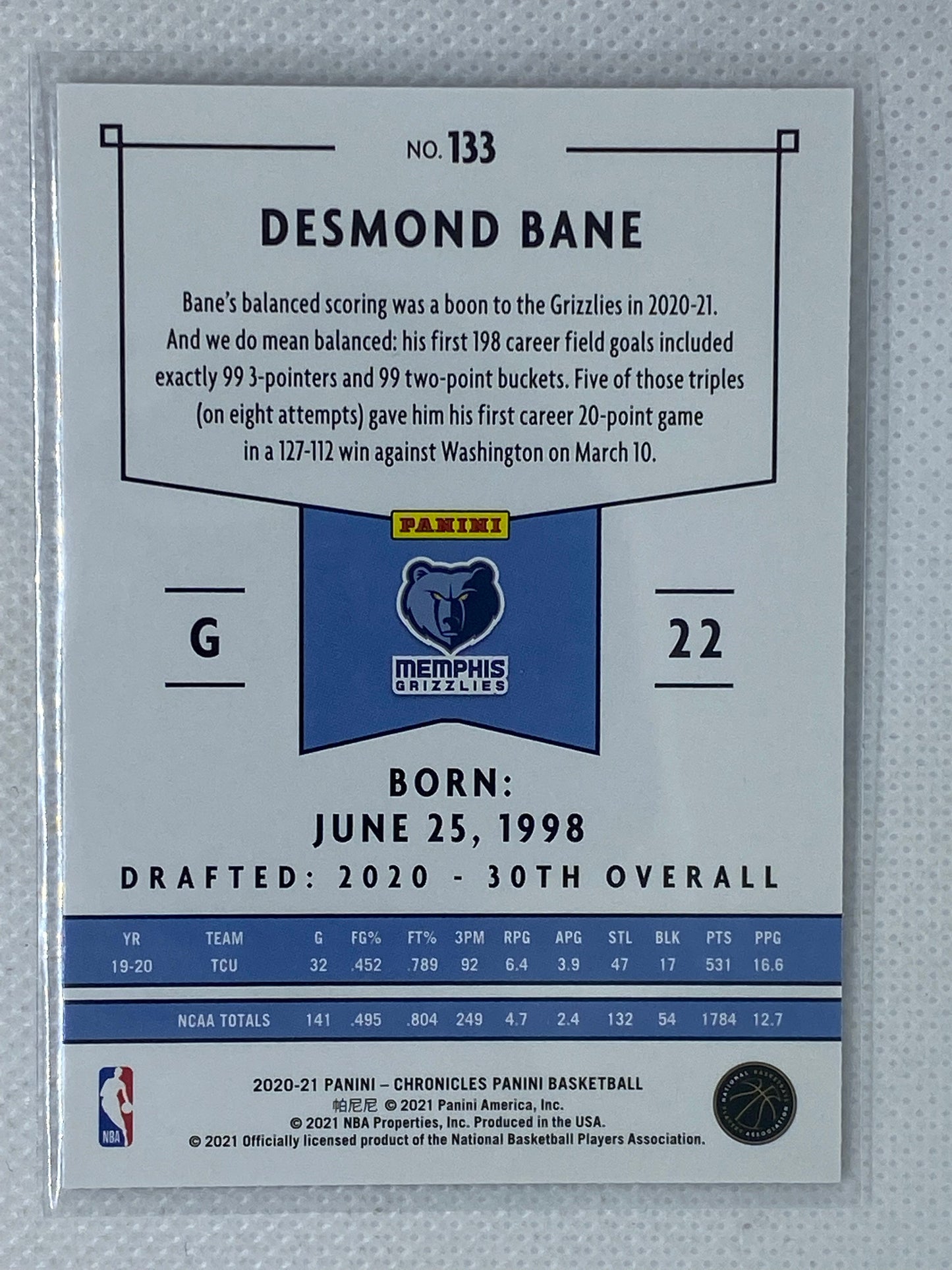 2020-21 Panini Chronicles Desmond Bane Rookie Memphis Grizzlies #133