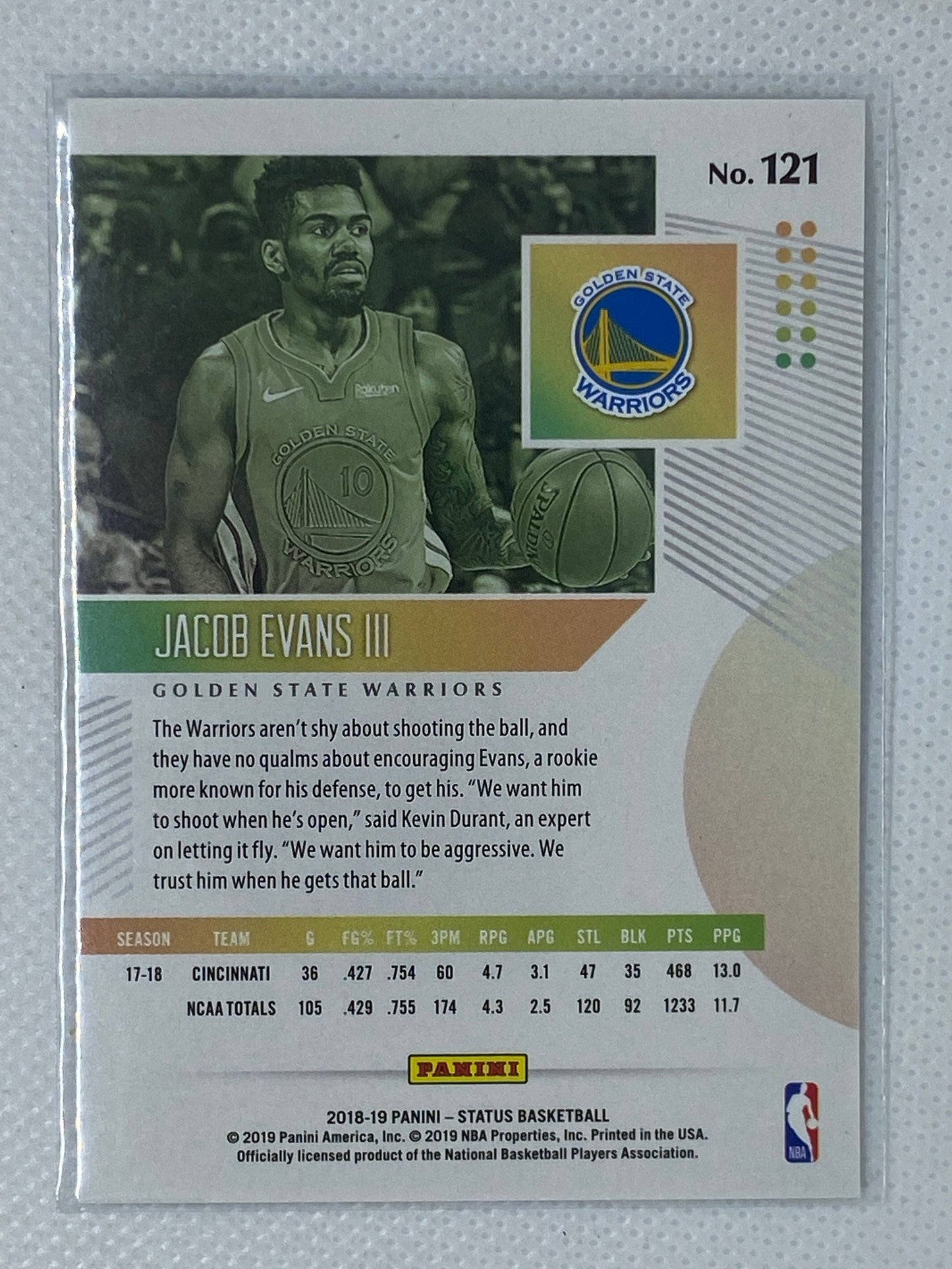 2018-19 Panini Status #121 Jacob Evans III Rookie Card RC Warriors