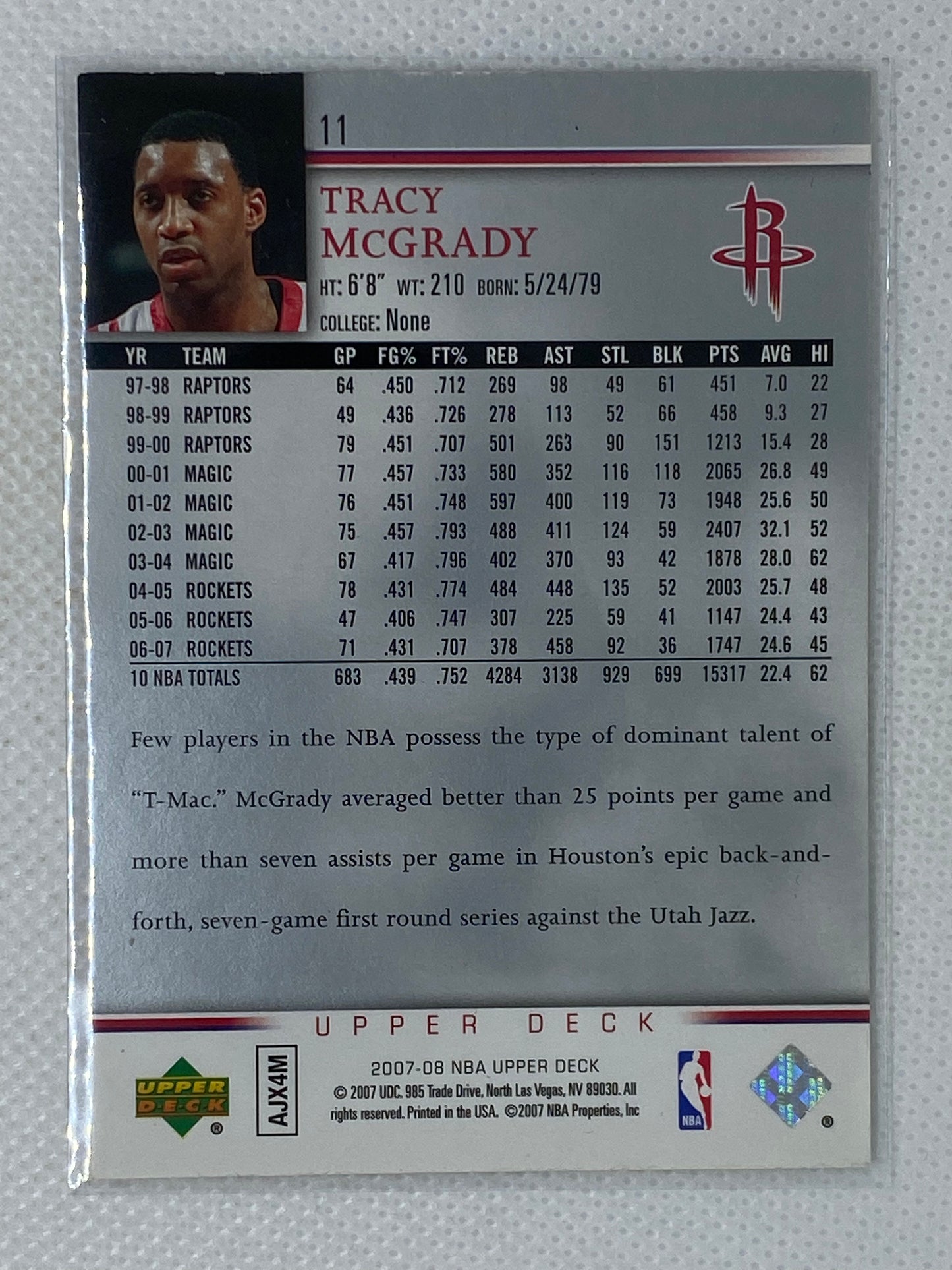 2007-08 Upper Deck Basketball Base Set Card #11 Tracy McGrady Rockets