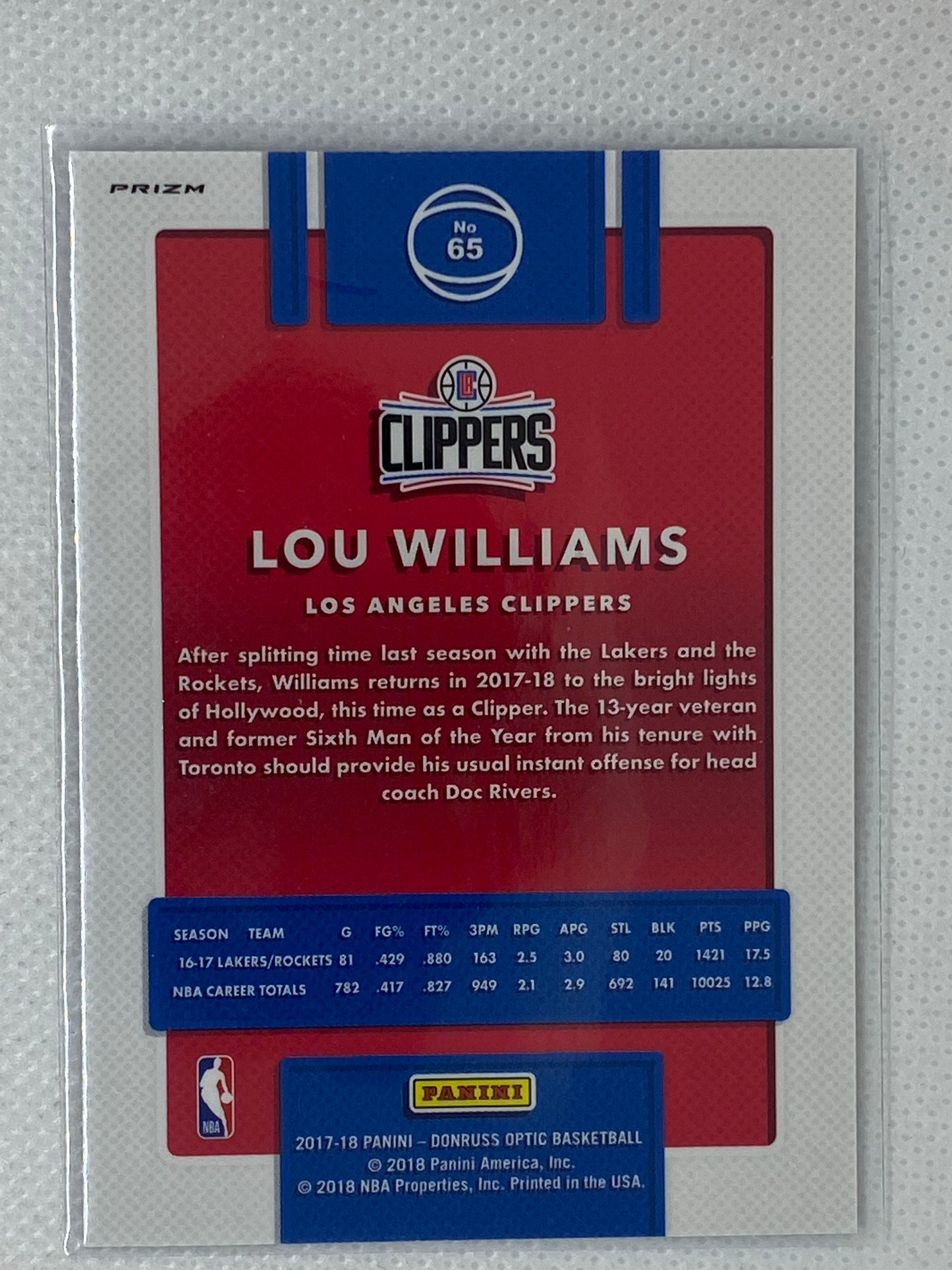 2017-18 Donruss Optic Lou Williams Blue Velocity Prizm Clippers NBA #65