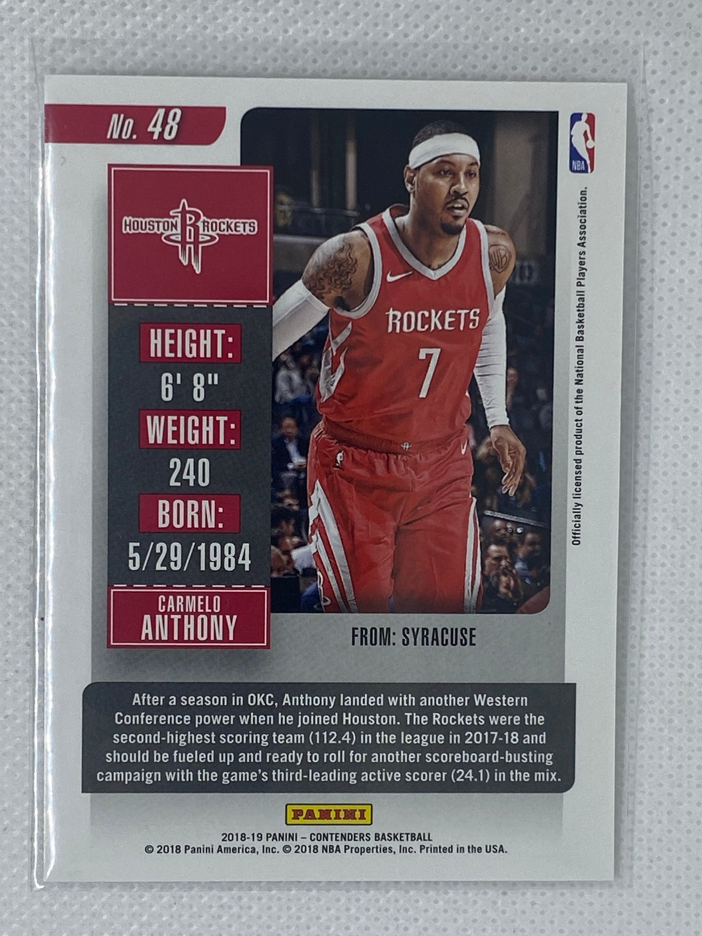 2018-19 Panini Contenders Season Ticket #48 CARMELO ANTHONY Rockets