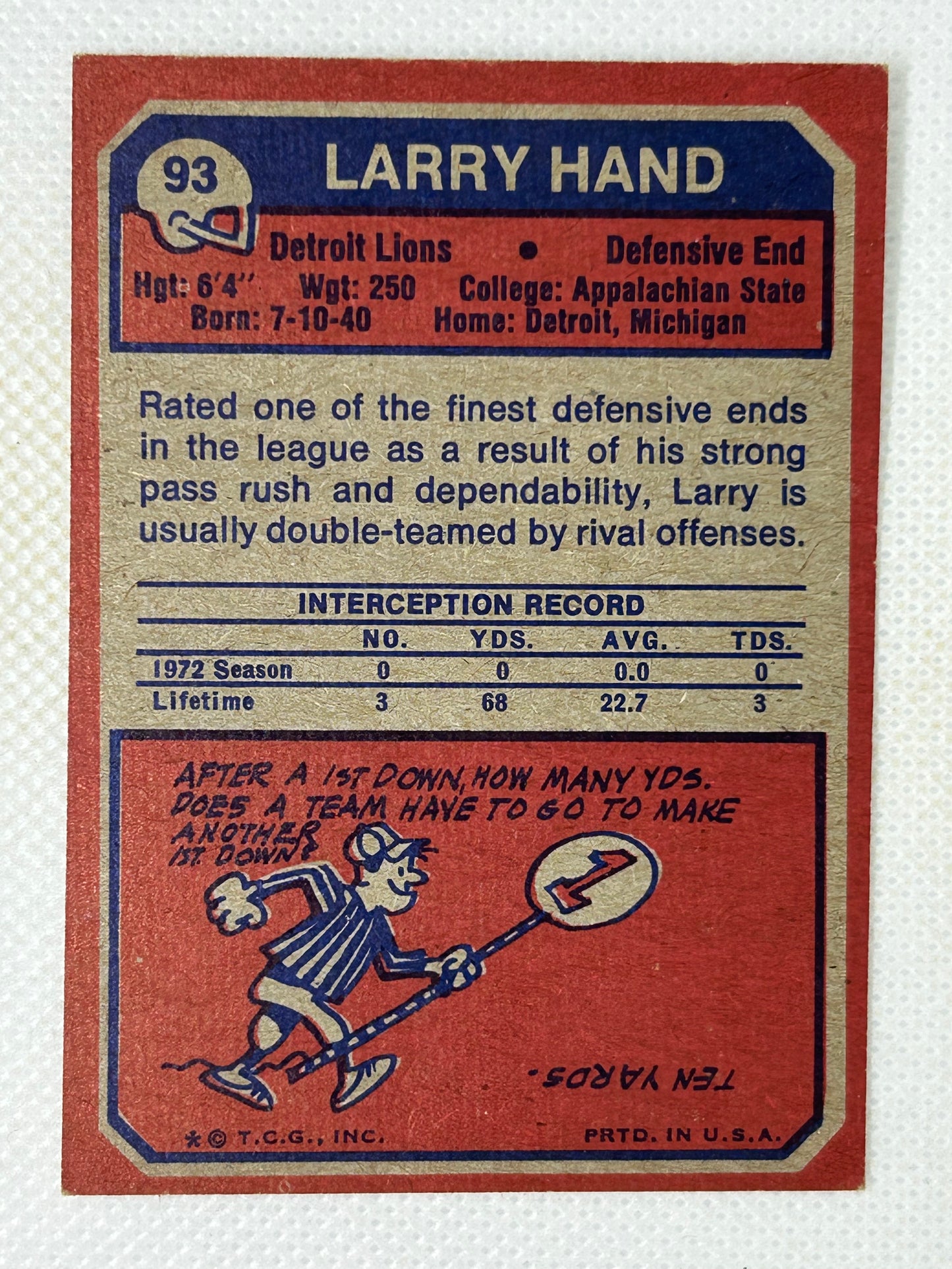 1973 Topps Larry Hand Detroit Lions #93 Signed Card