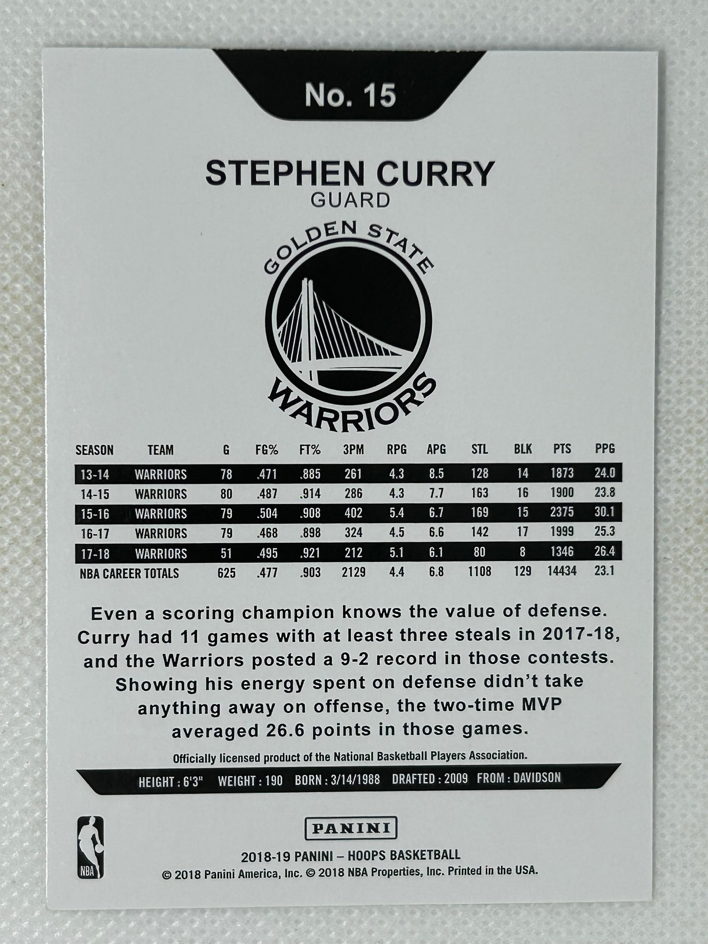 2018-19 Panini Hoops Winter #15 Stephen Curry Golden State Warriors Signed Card