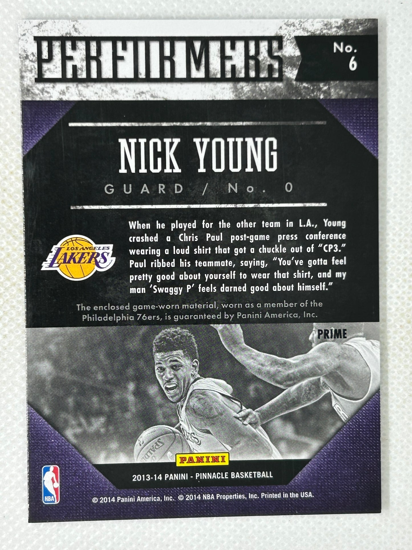 2013-14 Panini Pinnacle Performers Prime Patch #6 Nick Young /20 Los Angeles Lakers