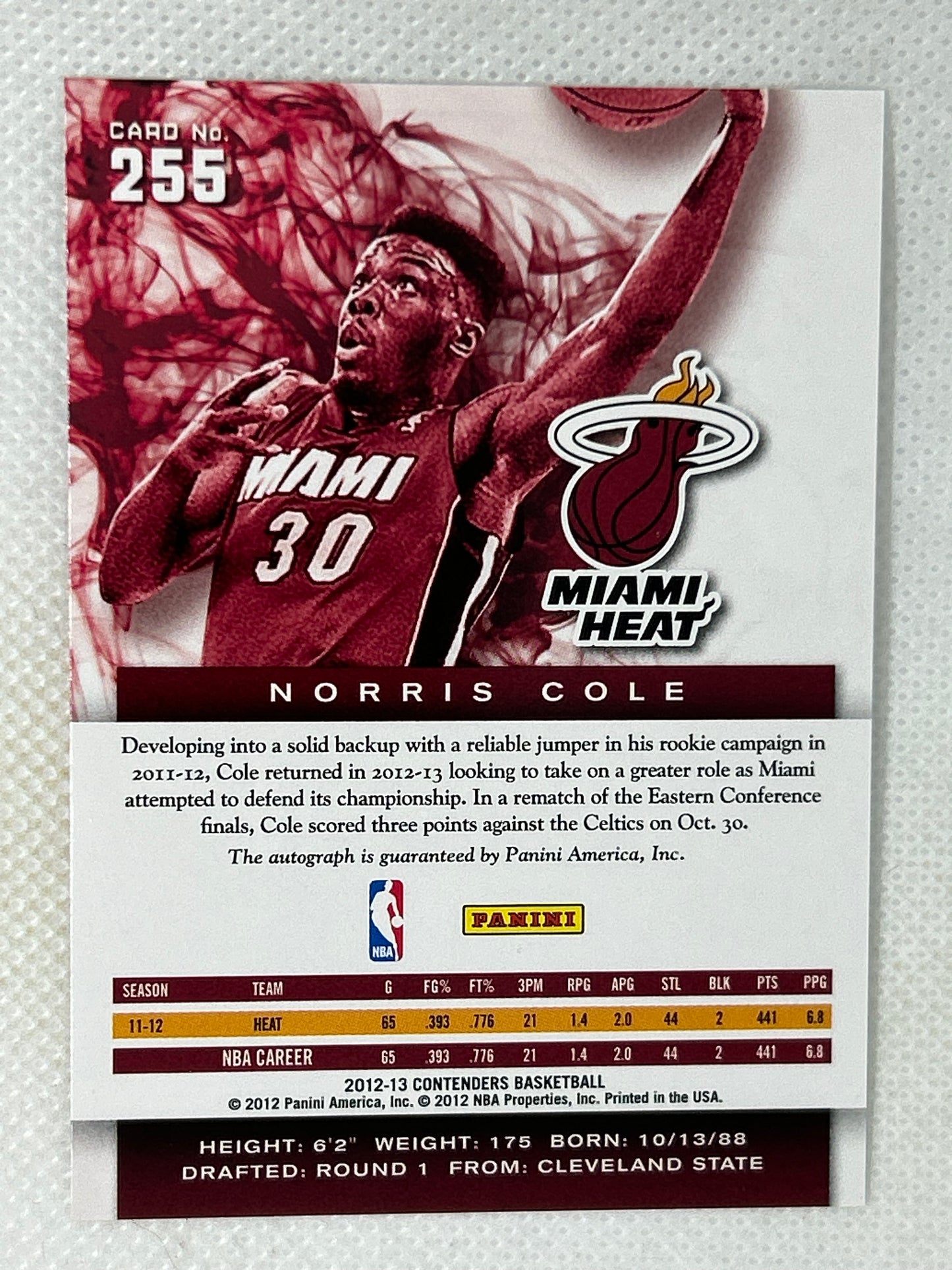 2012-13 Panini Contenders Rookie Autograph Norris Cole #255 Miami Heat