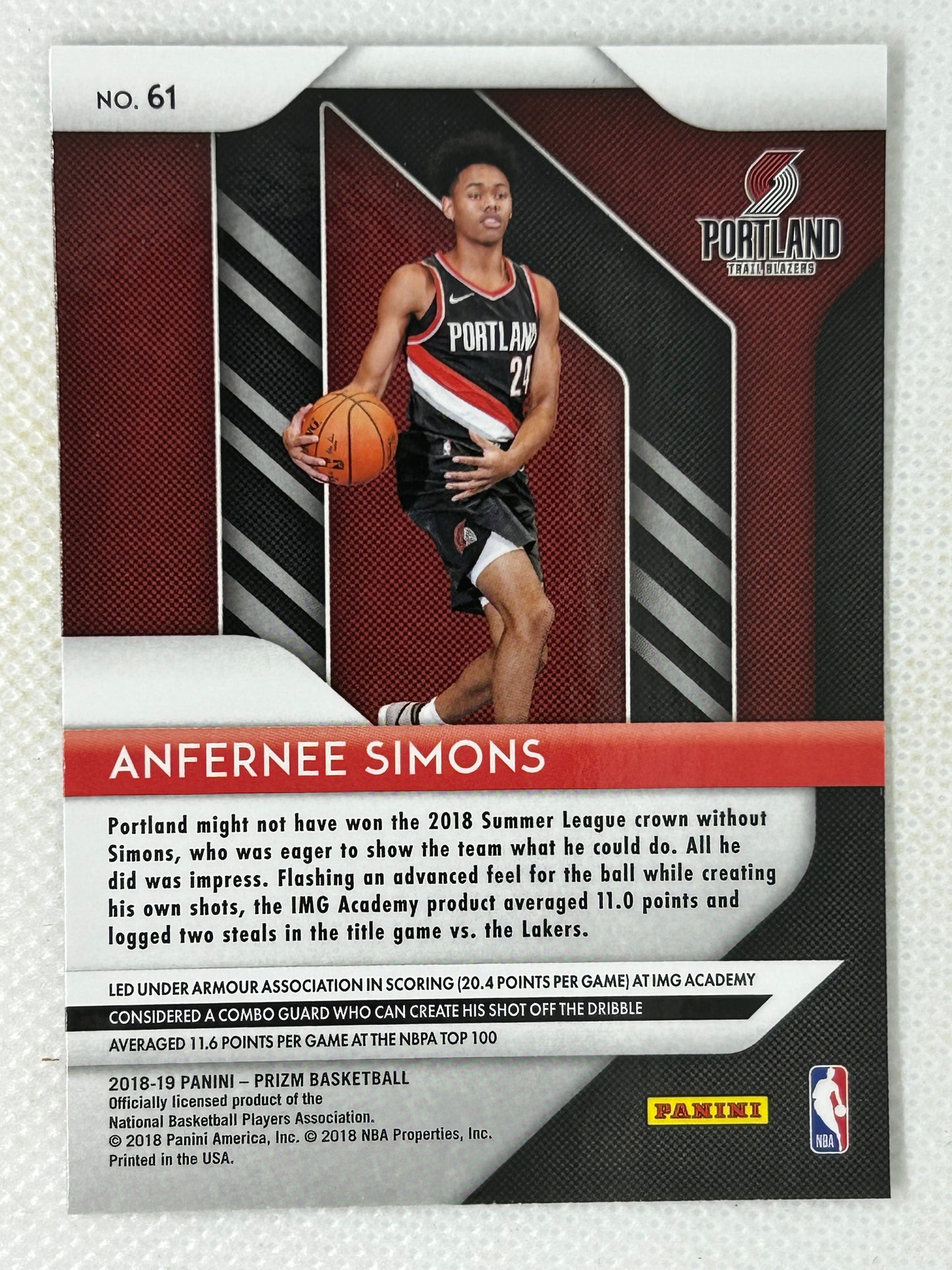 2018-19 Panini Prizm Rookie Card #61 Anfernee Simons Portland Trailblazers