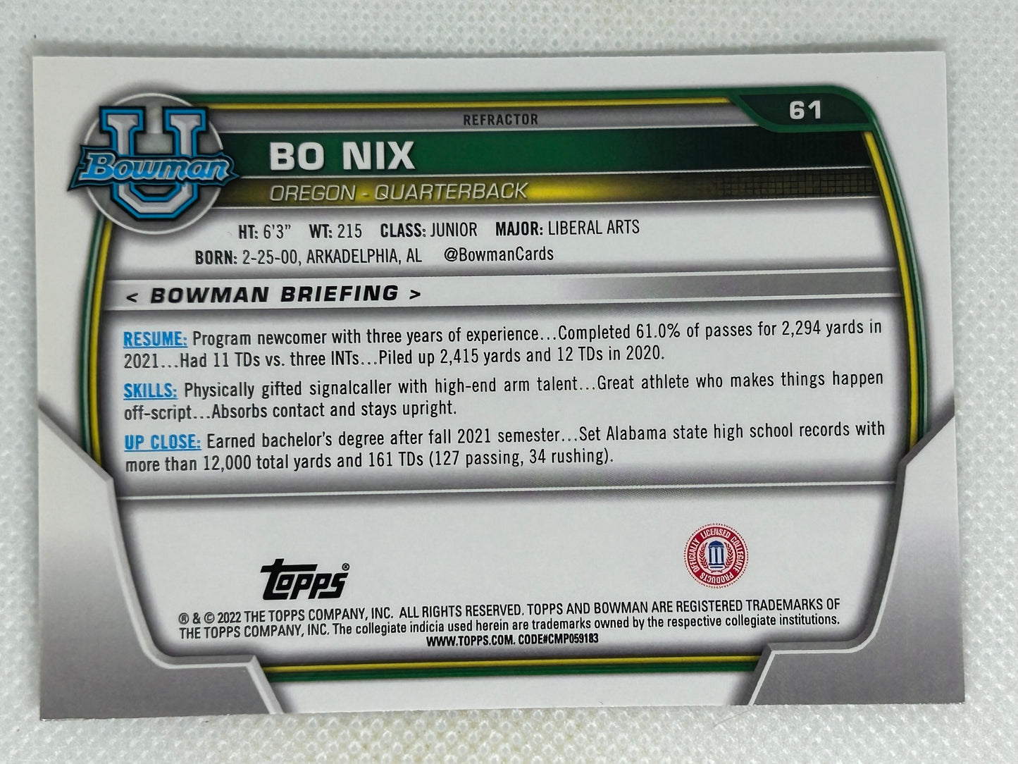 2022 Topps Bowman University Chrome Rookie Refractor Bo Nix #61 Oregon Ducks Denver Broncos