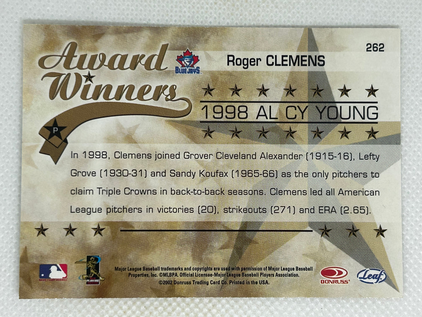 2002 Leaf Rookies & Stars Award Winners Roger Clemens #263 Toronto Blue Jays