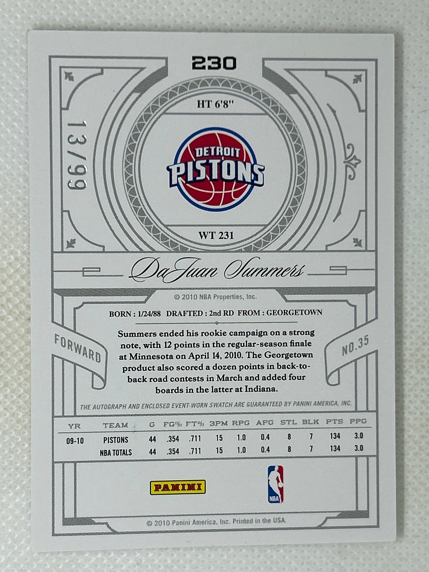 2009 Playoff National Treasures Century Rookie Patch Autograph /99 DaJuan Summers Detroit Pistons