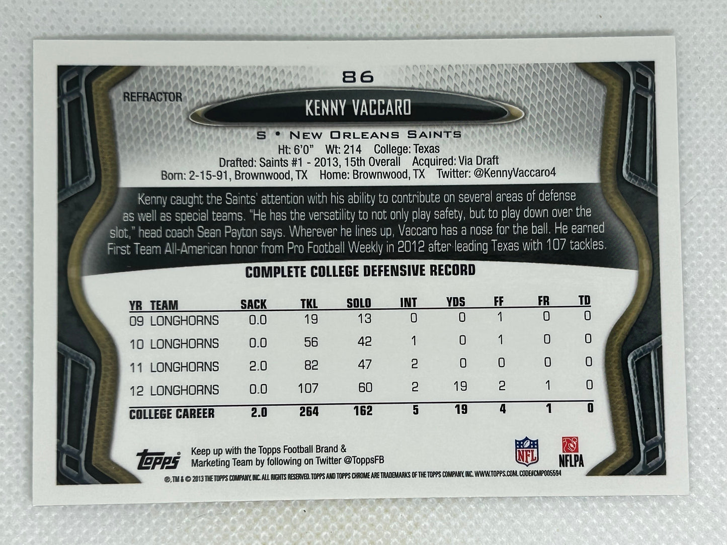 2013 Topps Chrome Refractors Kenny Vaccaro Rookie #86 New Orleans Saints