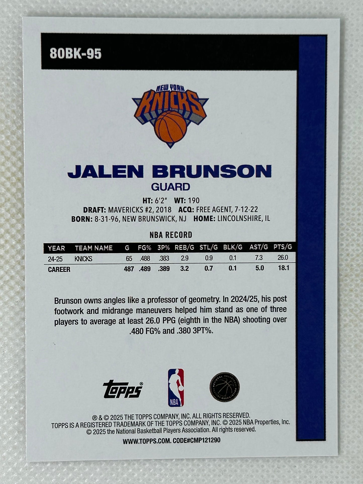 2025-26 Topps Basketball Jalen Brunson 45th Anniversary 80BK-95 New York Knicks