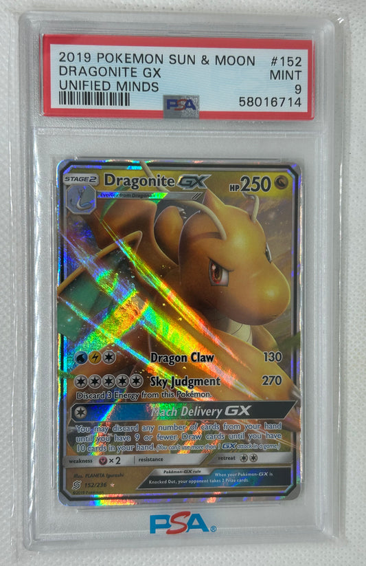 2019 Pokémon Sun & Moon Dragonite GX Unified Minds 152/236 PSA 9