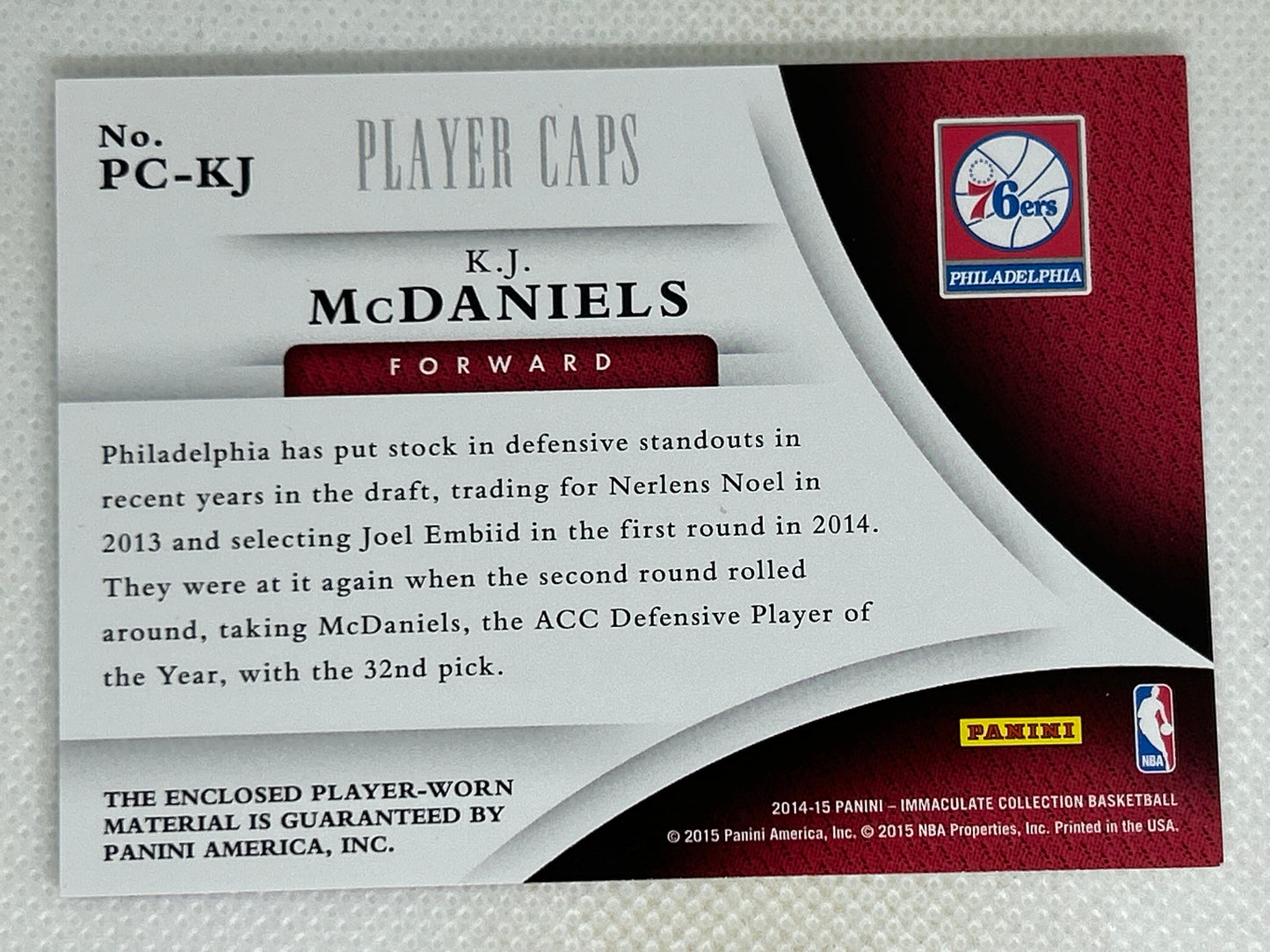 2014-15 Panini Immaculate Rookie Player Caps /35 KJ McDaniels #PC-KJ Philadelphia 76ers