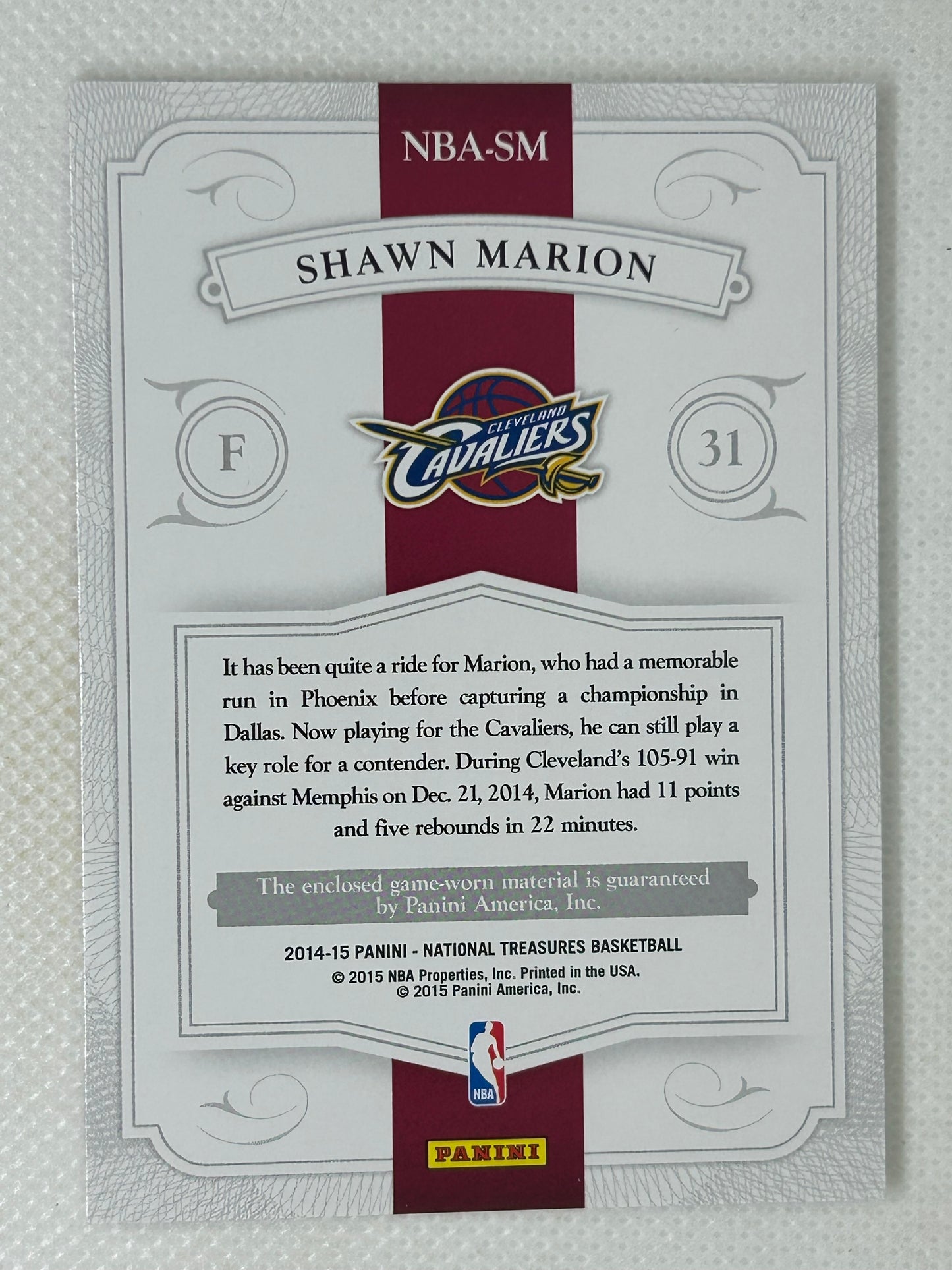 2014-15 Panini National Treasures NBA Material Gold Patch /25 Shawn Marion #NBA-SM Cleveland Cavaliers
