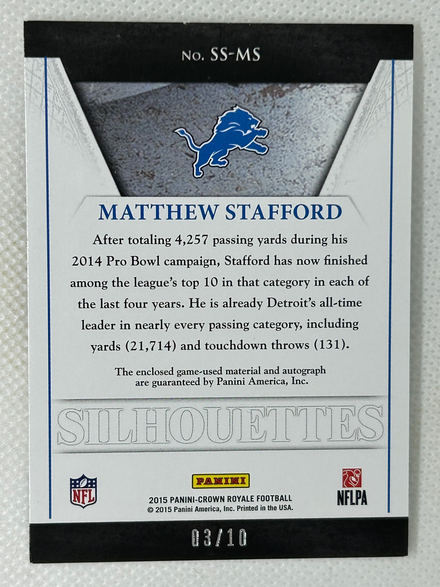 2015 Panini Crown Royale Gold Jersey Autograph /10 #SS-MS Matthew Stafford Detroit Lions