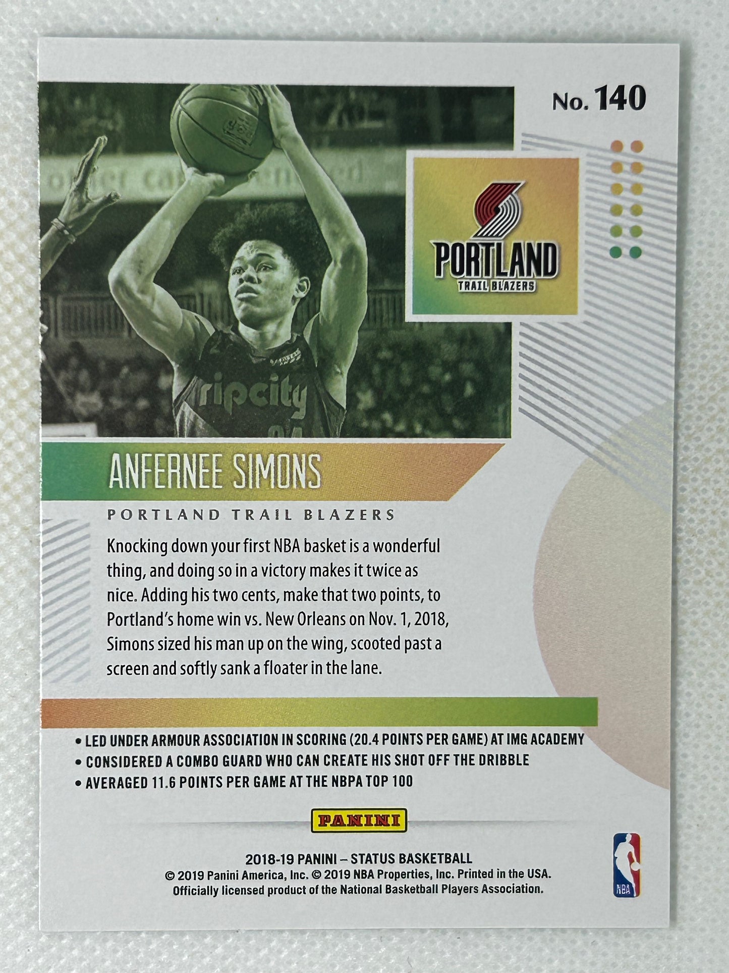 2018-19 Panini Status Rookie #140 Anfernee Simons Portland Trailblazers