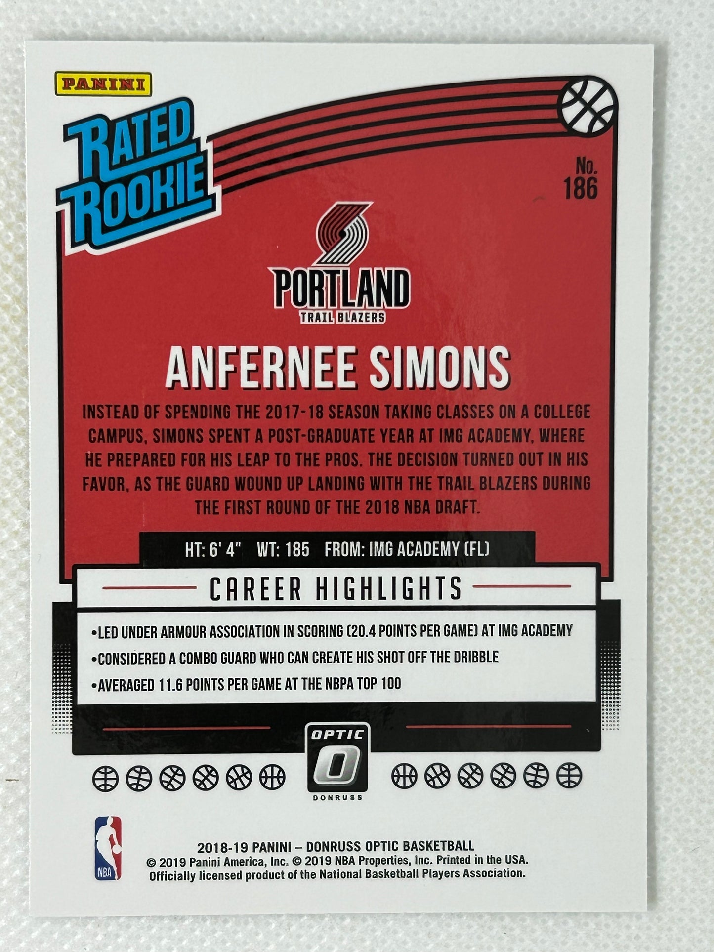 2018-19 Panini Optic Rated Rookie #186 Anfernee Simons Portland Trailblazers
