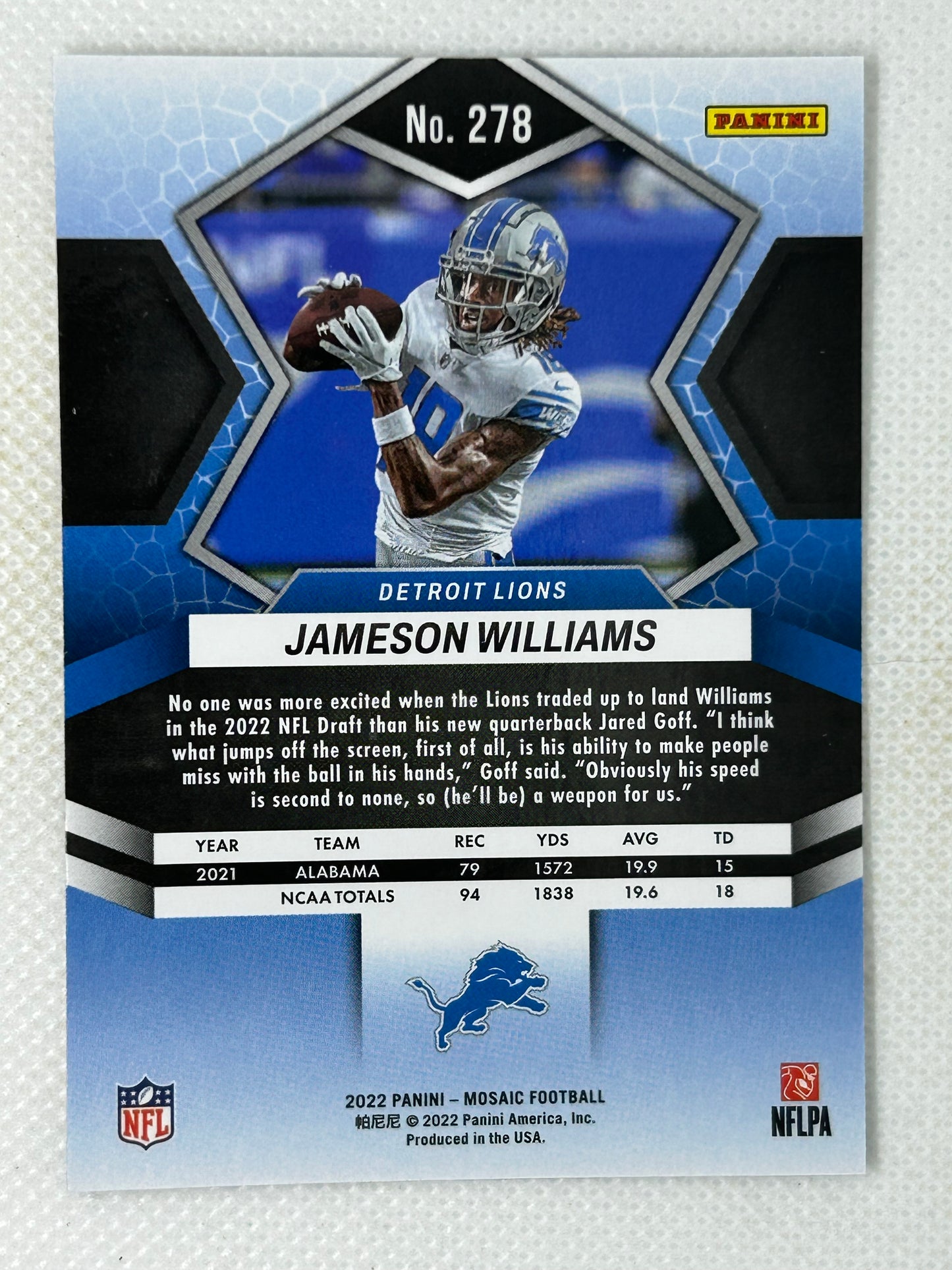 2022 Panini Mosaic NFL Debut Rookie Jameson Williams #278 Detroit Lions