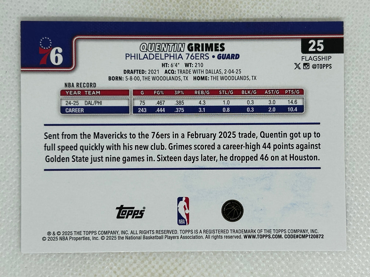 2025-26 Topps Basketball #25 Quentin Grimes Philadelphia 76ers Signed Card