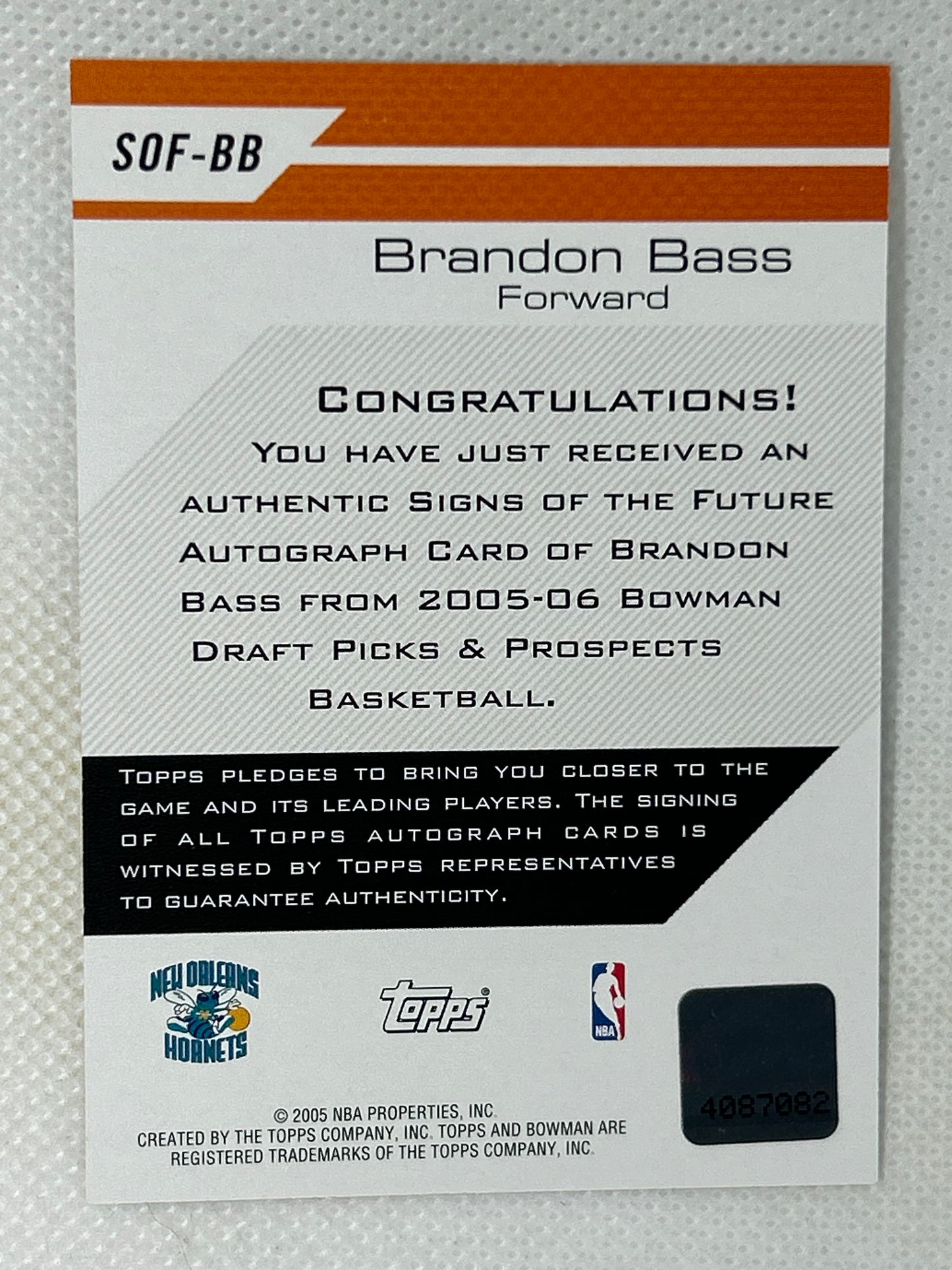 2005-06 Bowman Draft Signs of the Future Brandon Bass Rookie Autograph #SOF-BB New Orleans Hornets