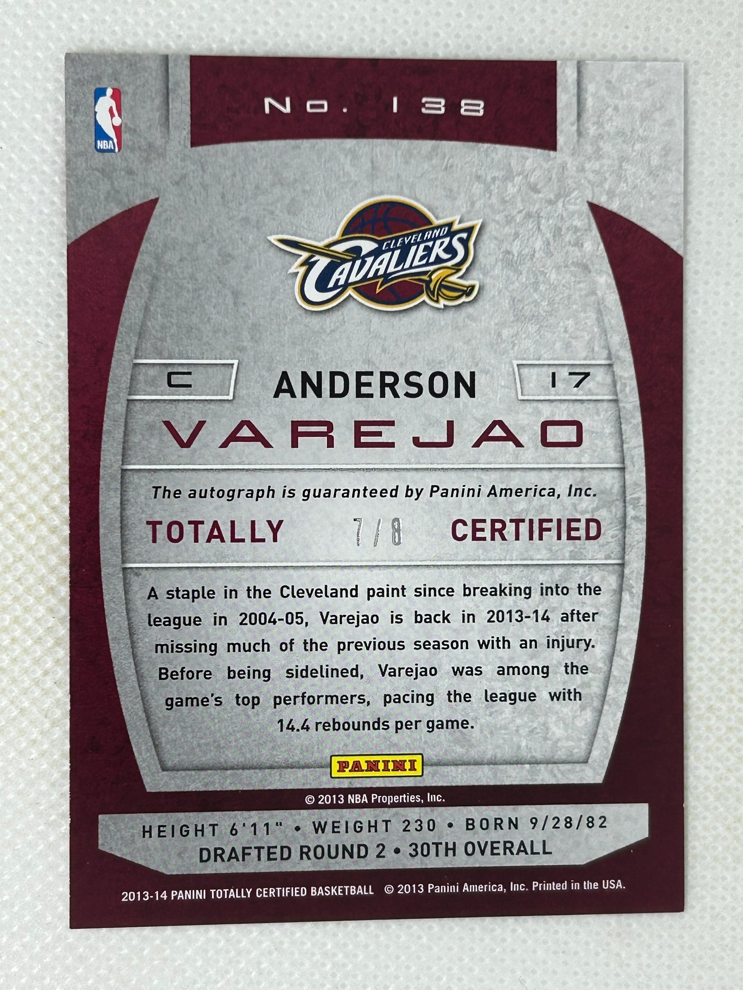 2013-14 Panini Totally Certified Red Autograph /8 Anderson Varejao #138 Cleveland Cavaliers
