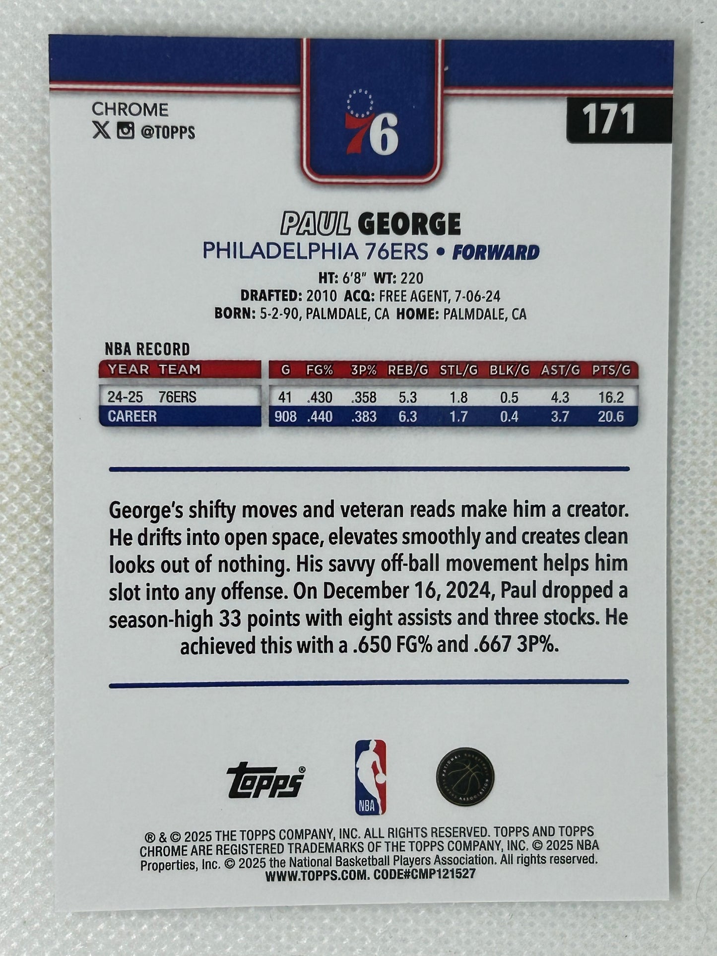 2025-26 Topps Chrome #171 Paul George Silver Refractor Philadelphia 76ers