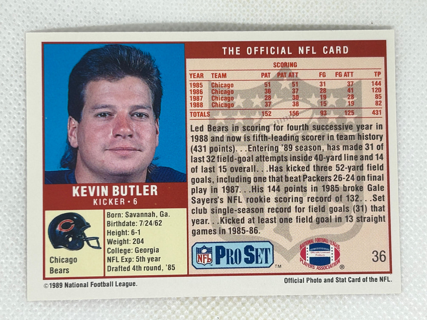 1989 Pro Set #36 Kevin Butler Chicago Bears Signed Card